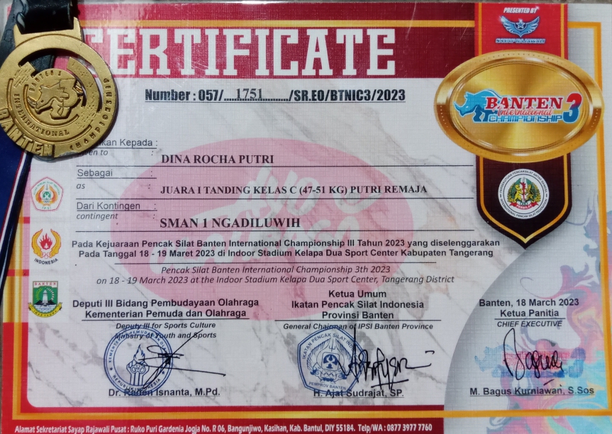 JUARA I TANDING KELAS C (47-51 KG) PUTRI REMAJA DALAM KEJUARAAN PENCAK SILAT BANTEN INTERNATIONAL CHAMPIONSHIP III TAHUN 2023