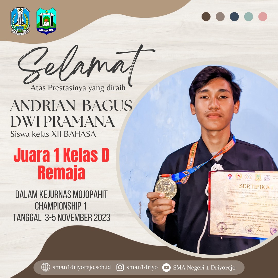 Juara 1 Tanding Kelas D Remaja Putra - Kejurnas Mojopahit National Heroes Competition 1 2023