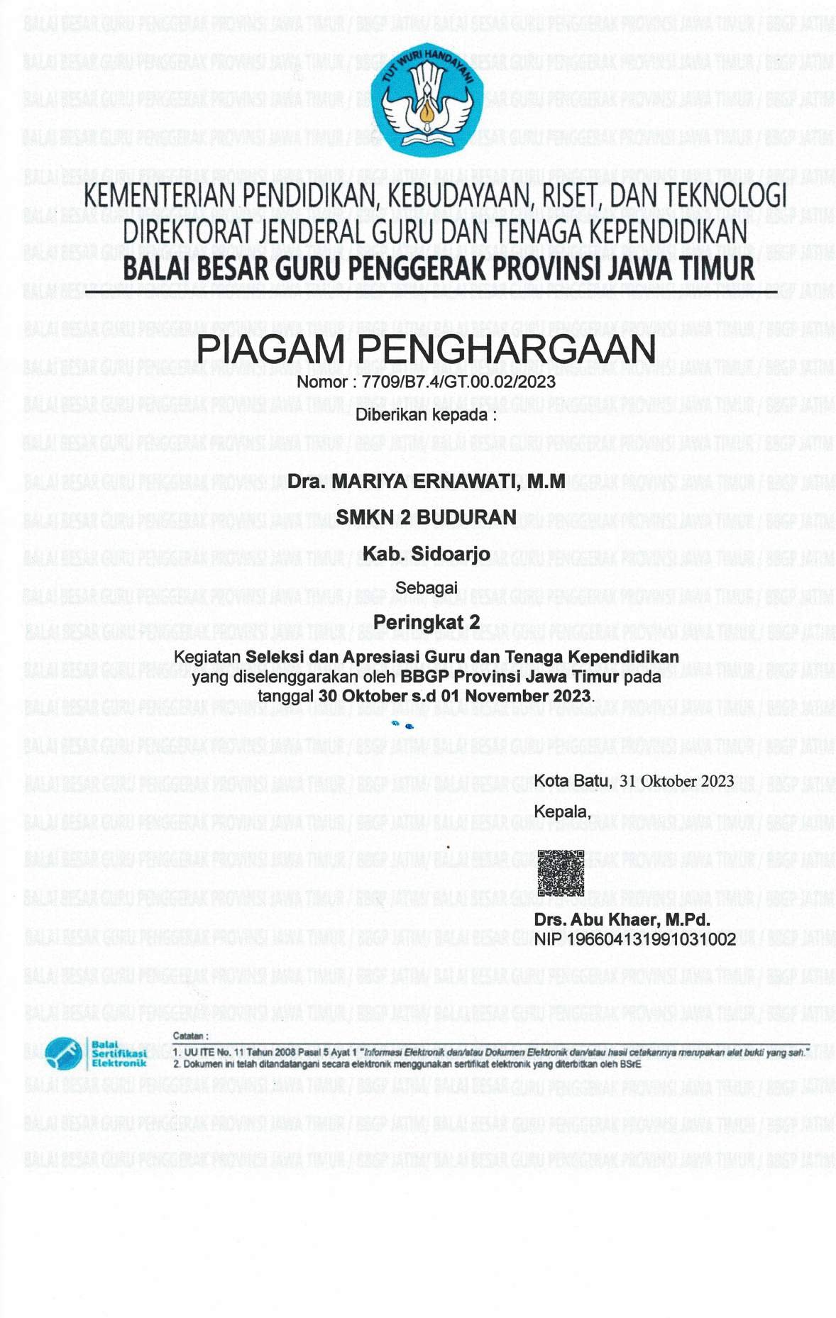 Apresiasi Guru dan Tenaga Kependidikan Provinsi Jawa Timur Tahun 2023