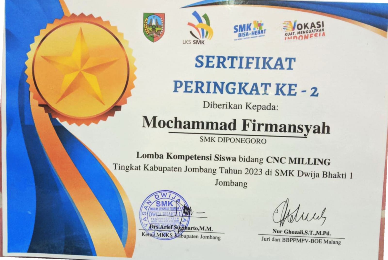 JUARA 2 LKS CNC MILLING KABUPATEN JOMBANG