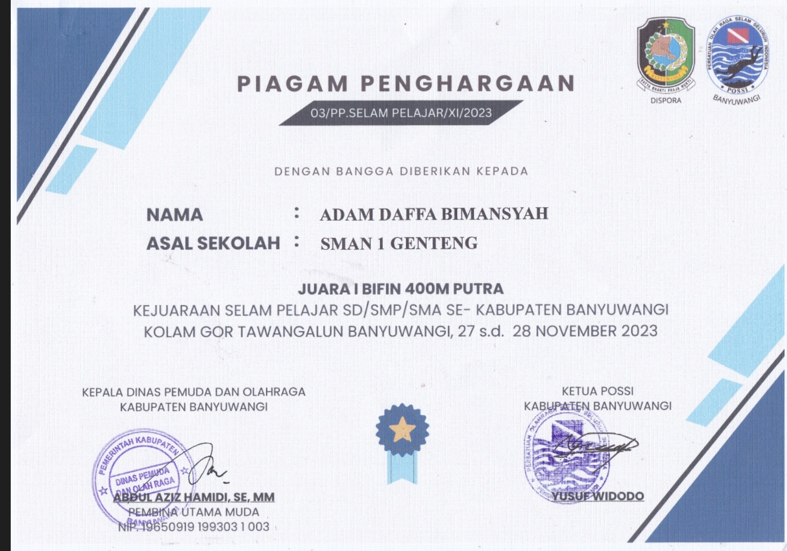 JUARA 1 KEJUARAAN SELAM PELAJAR SD/SMP/SMA SE- KABUPATEN BANYUWANGI 