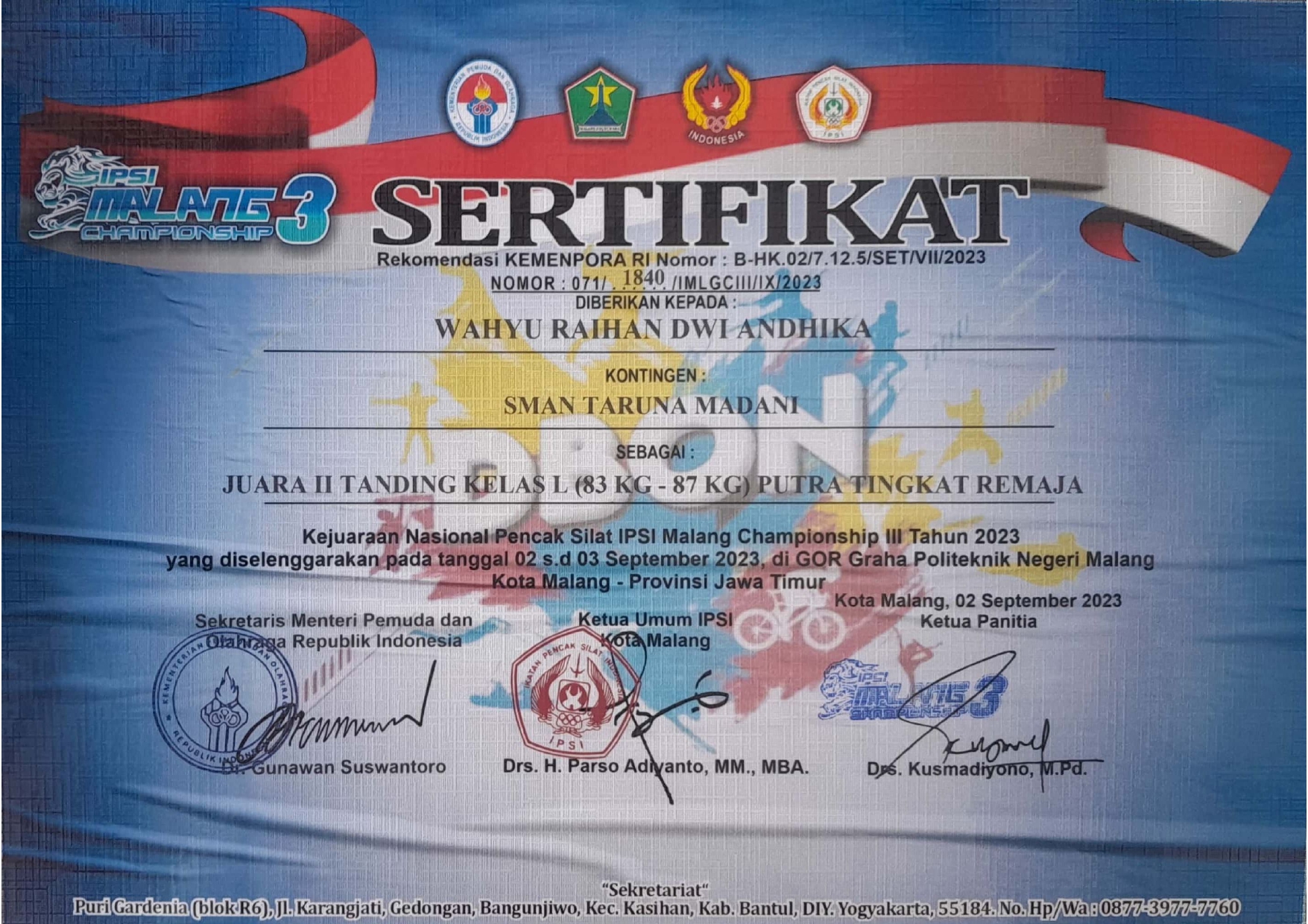 Juara II Tanding Kelas L Putra Tingkat Remaja dalam Kejuaraan Nasional Pencak Silat 