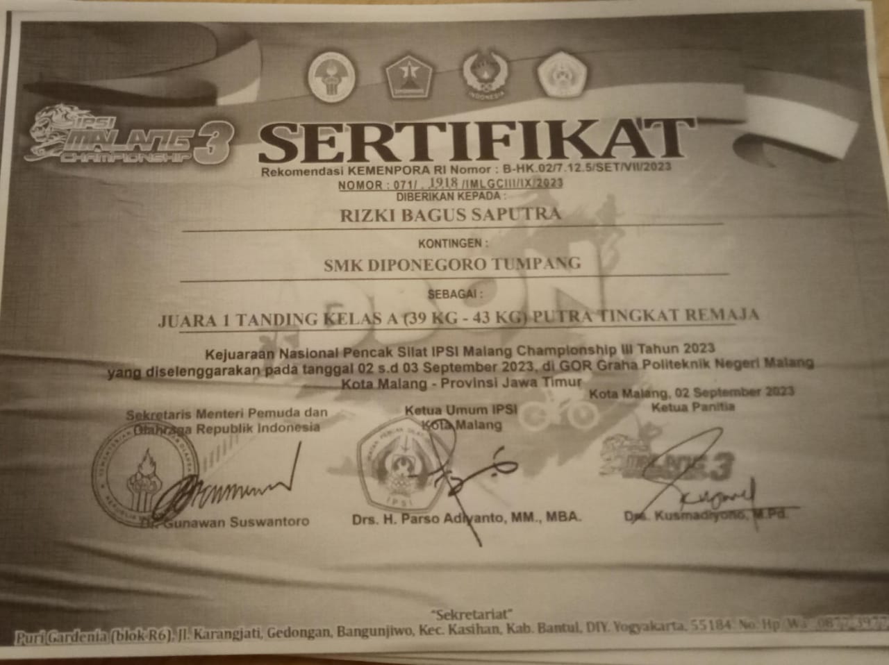 JUARA 1 TANDING KELAS A PUTRA TINGKAT REMAJA