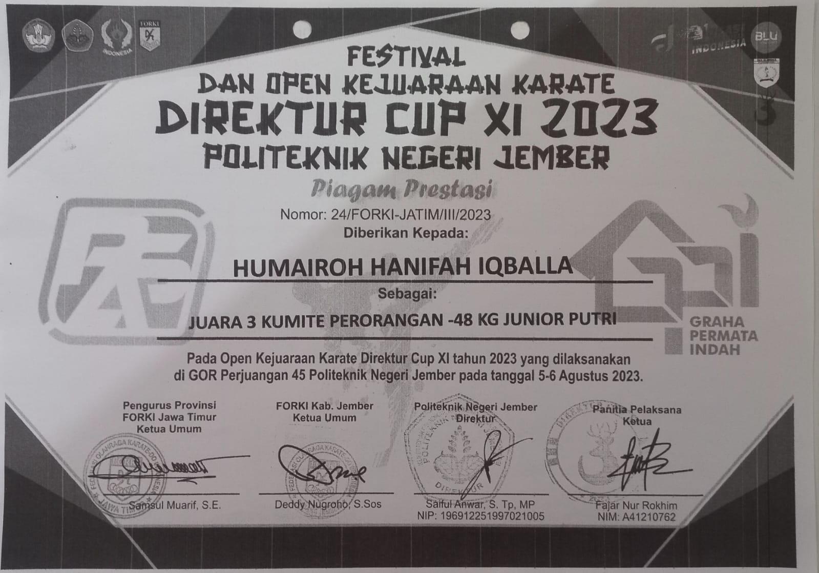 Kumite Perorangan 48 Kg Junior Putri Festival dan Open Kejuaraan Karate Direktur Cup XI Tahun 2023