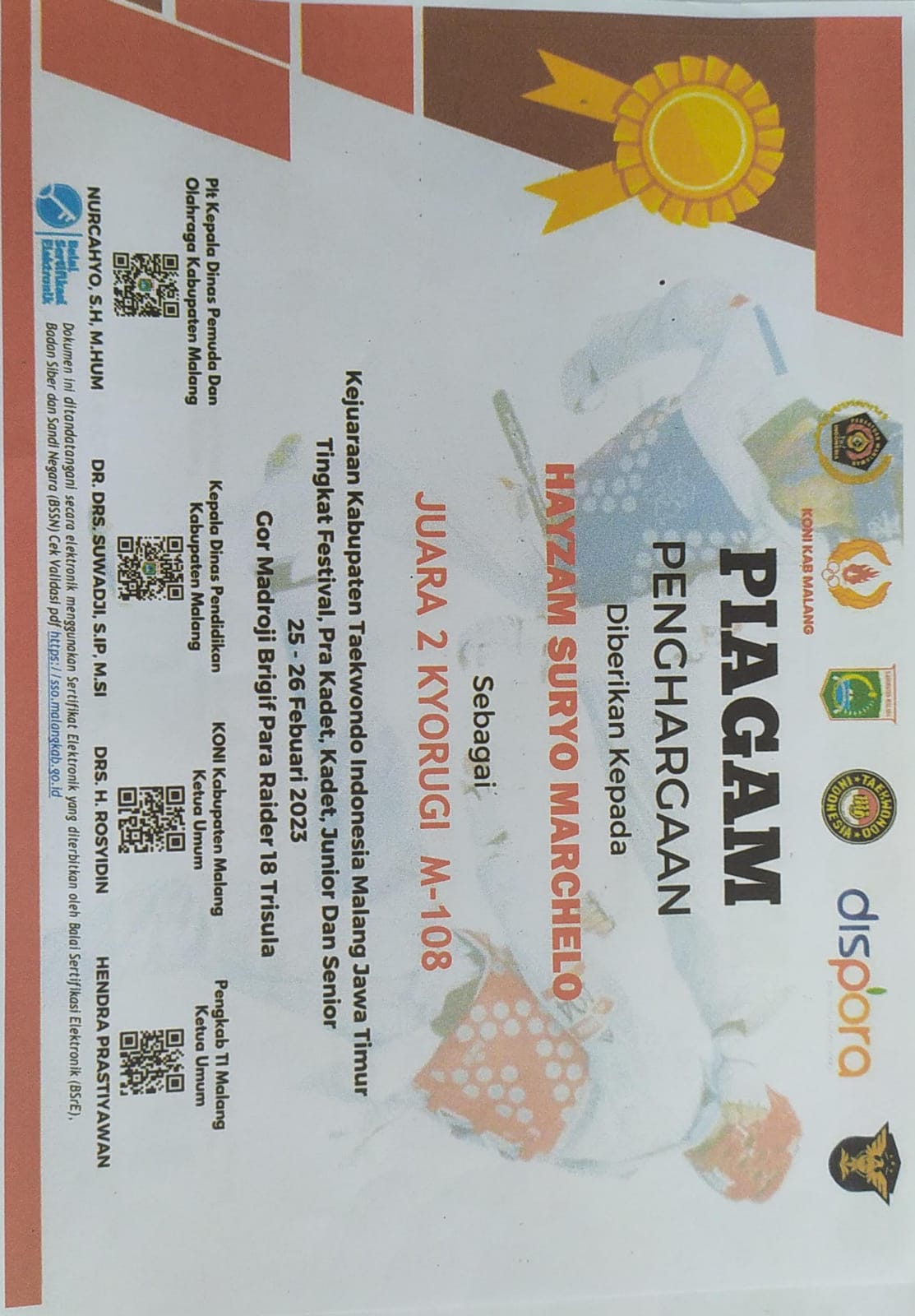 Kejuaraan Kabupaten Taekwondo Indonesia Malang Jawa Timur Tingkat Festival, Pra Kadet, Kadet, Junior dan Senior