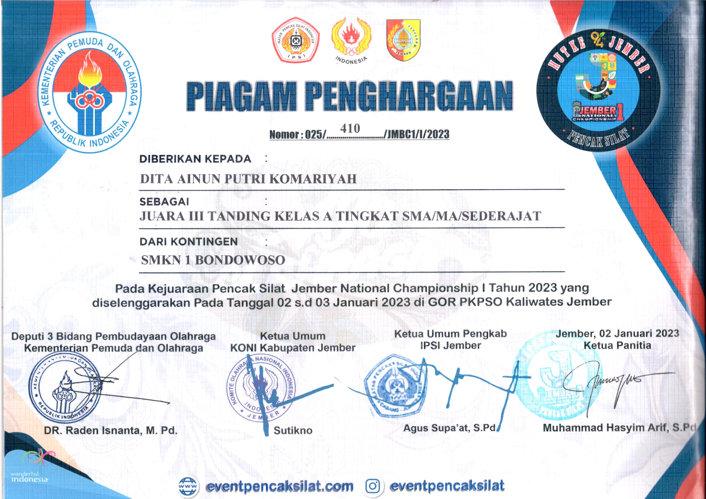 KEJUARAAN PENCAK SILAT JEMBER CHAMPIONSHIP I TANDING PUTRI KELAS A TINGKAT SMA/MA/ SEDERAJAT