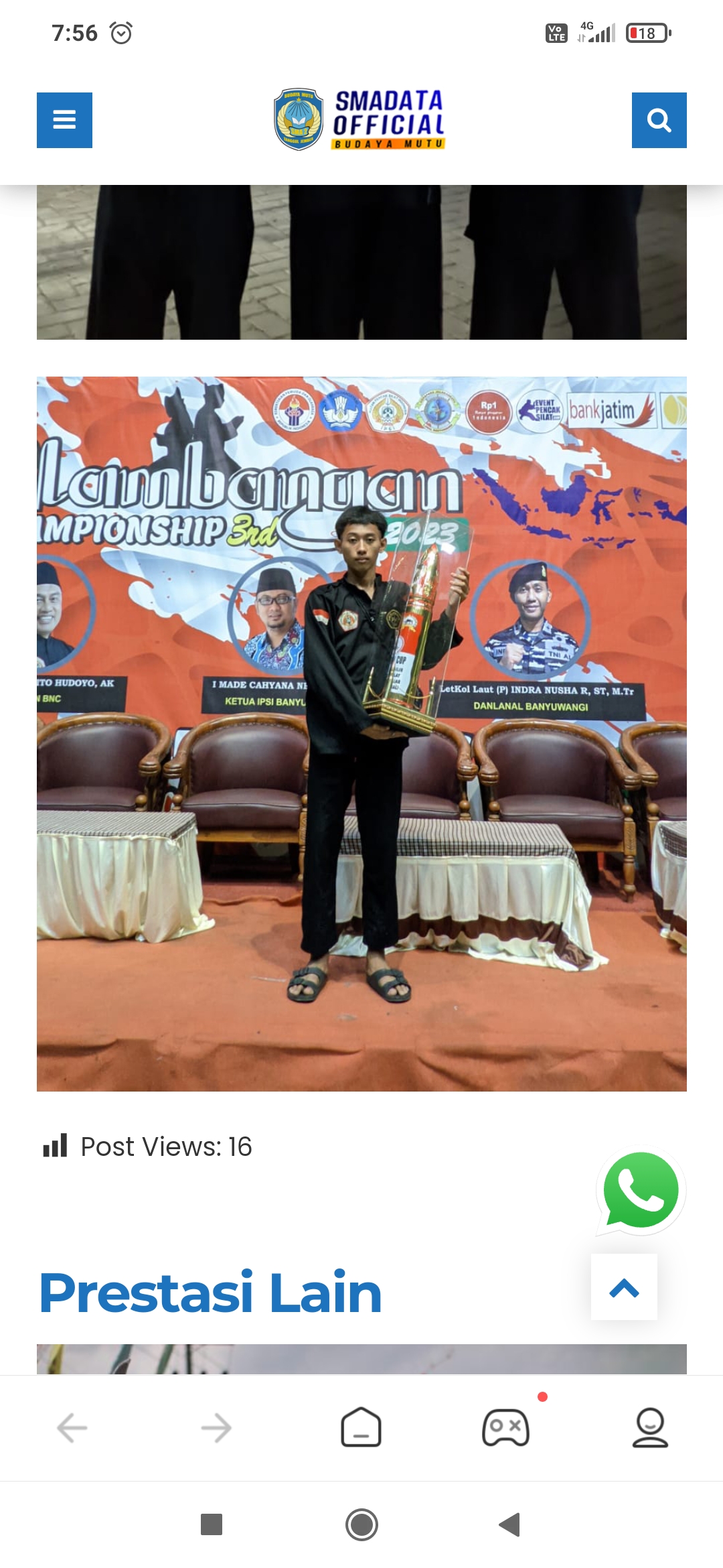 juara 1 dikategori Tanding kelas G Remaja Pautra Kejuaraan pencak silat Tapak Suci Buchori Champhionship