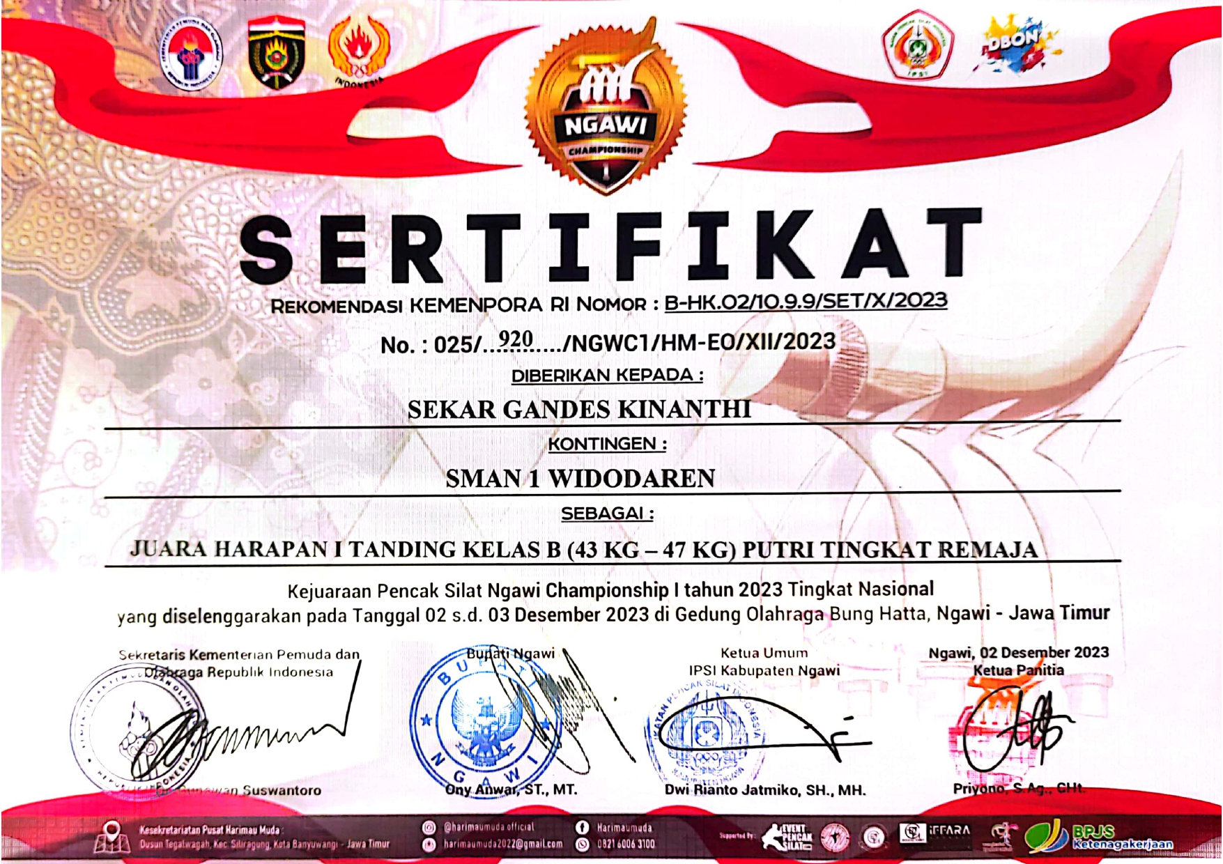 JUARA HARAPAN 1 TANDING KELAS B (43KG-47KG) PUTRI TINGKAT REMAJA KEJUARAAN PENCAK SILAT NGAWI CHAMPIONSHIP I 2023