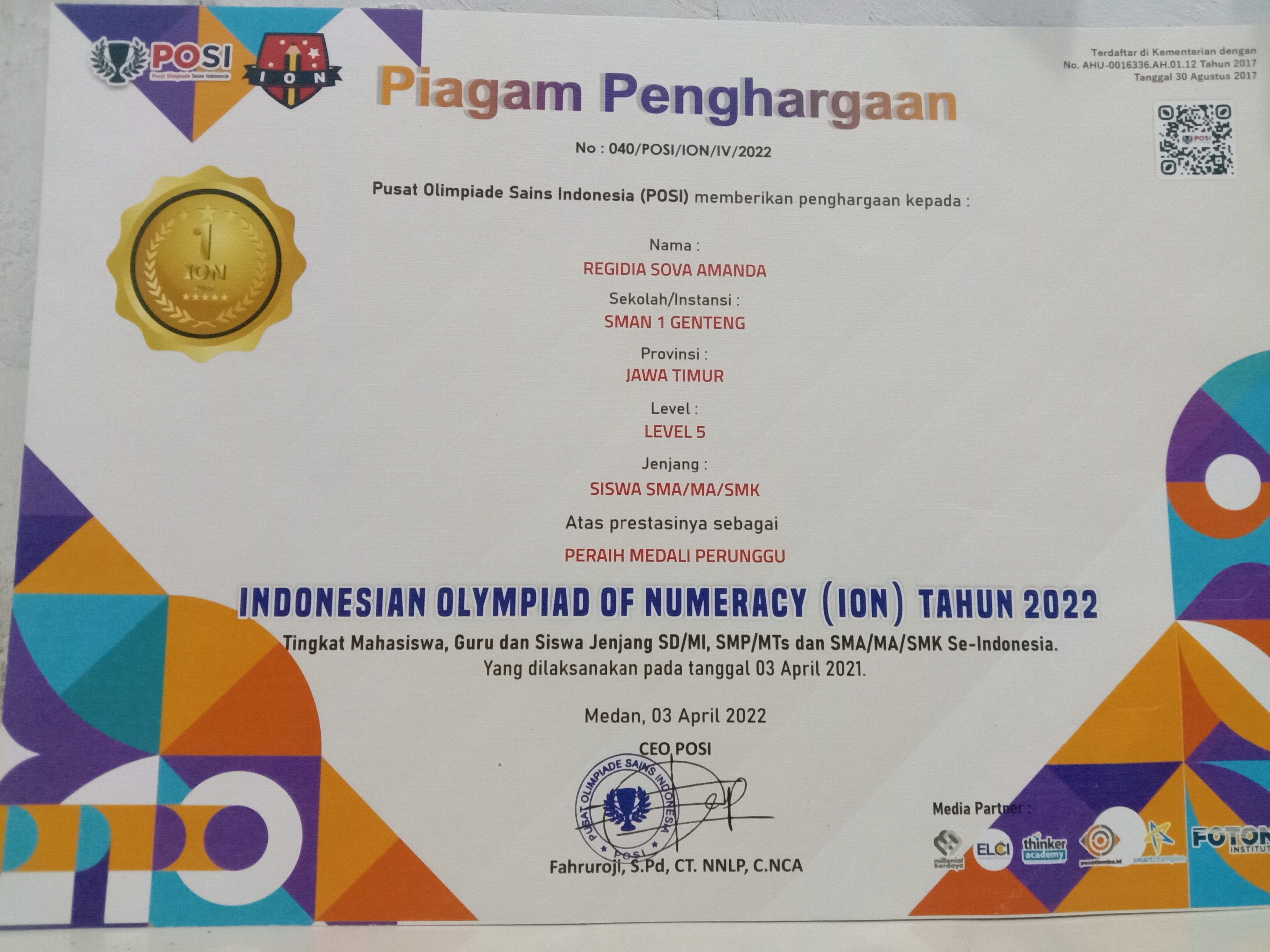 MEDALI PERUNGGU INDONESIAN OLYMPIAD OF NUMERACY (ION) 