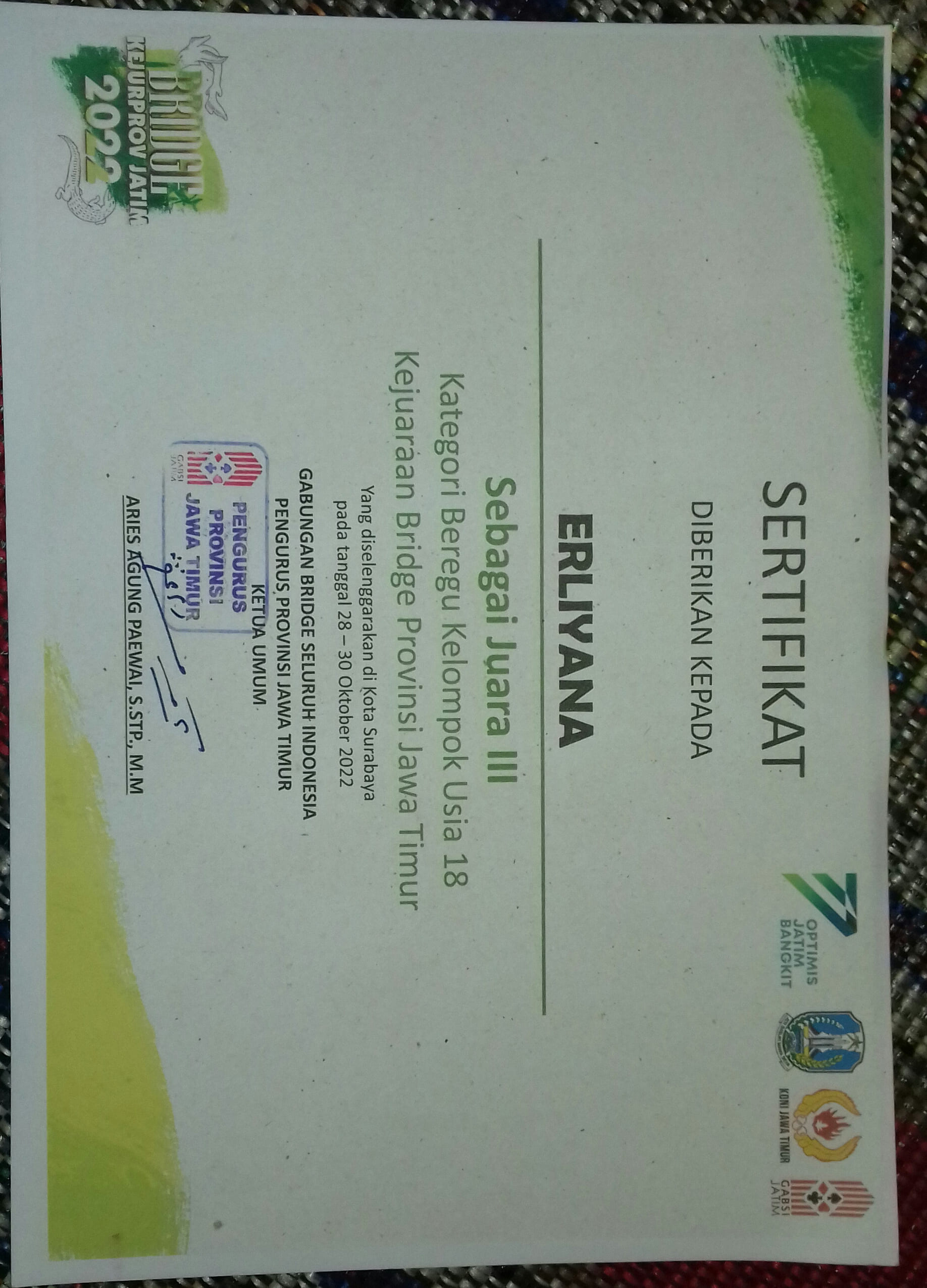 JUARA 3 KEJUARAAN BRIDGE PROVINSI JAWA TIMUR (KEJURPROV)