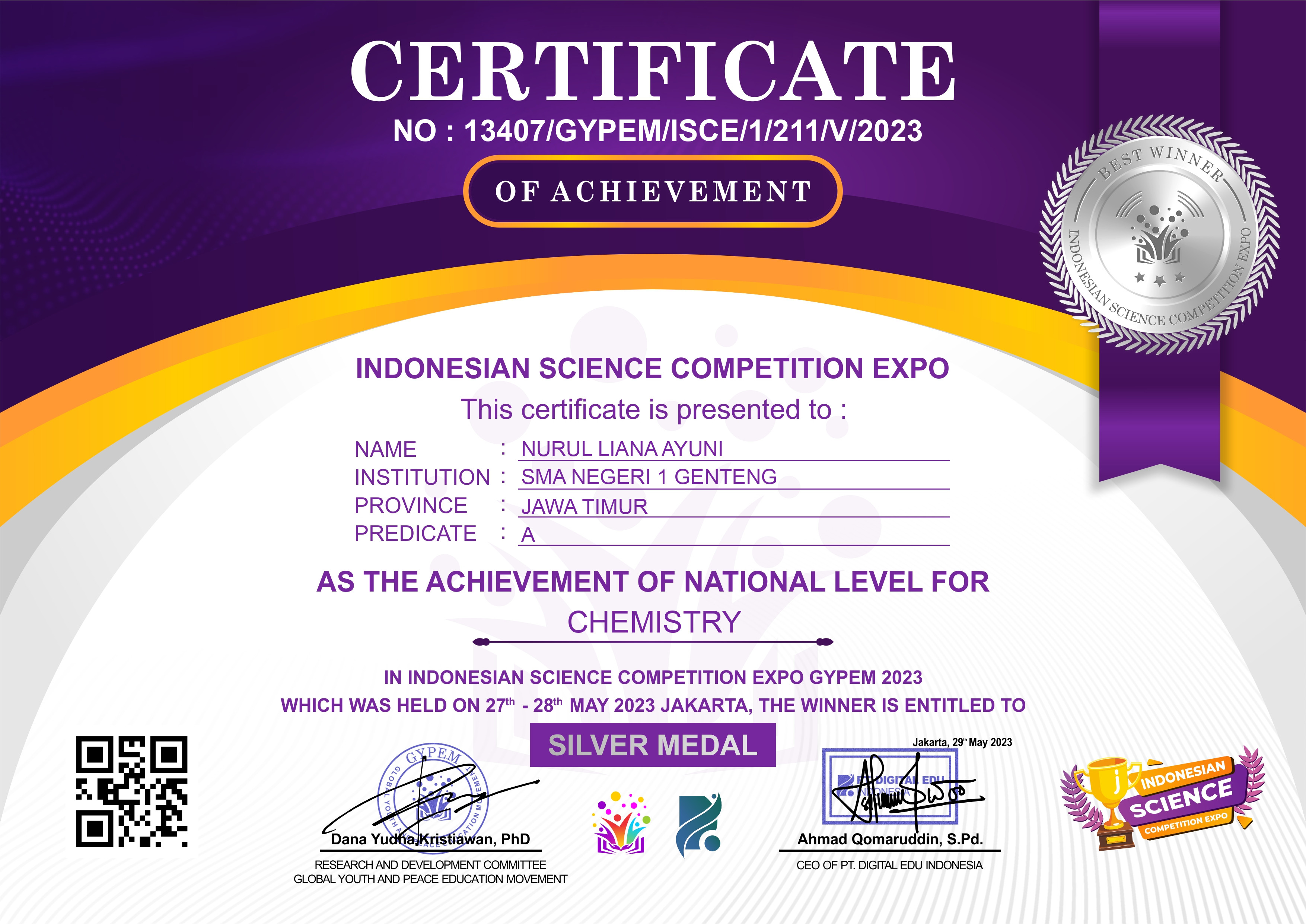 MEDALI PERAK KIMIA INDONESIAN SCIENCE COMPETITION EXPO (ISCE) 