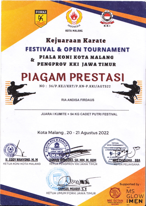 JUARA 1 KUMITE + 54 Kg KADET PUTRI FESTIVAL - PIALA KONI KOTA MALANG 