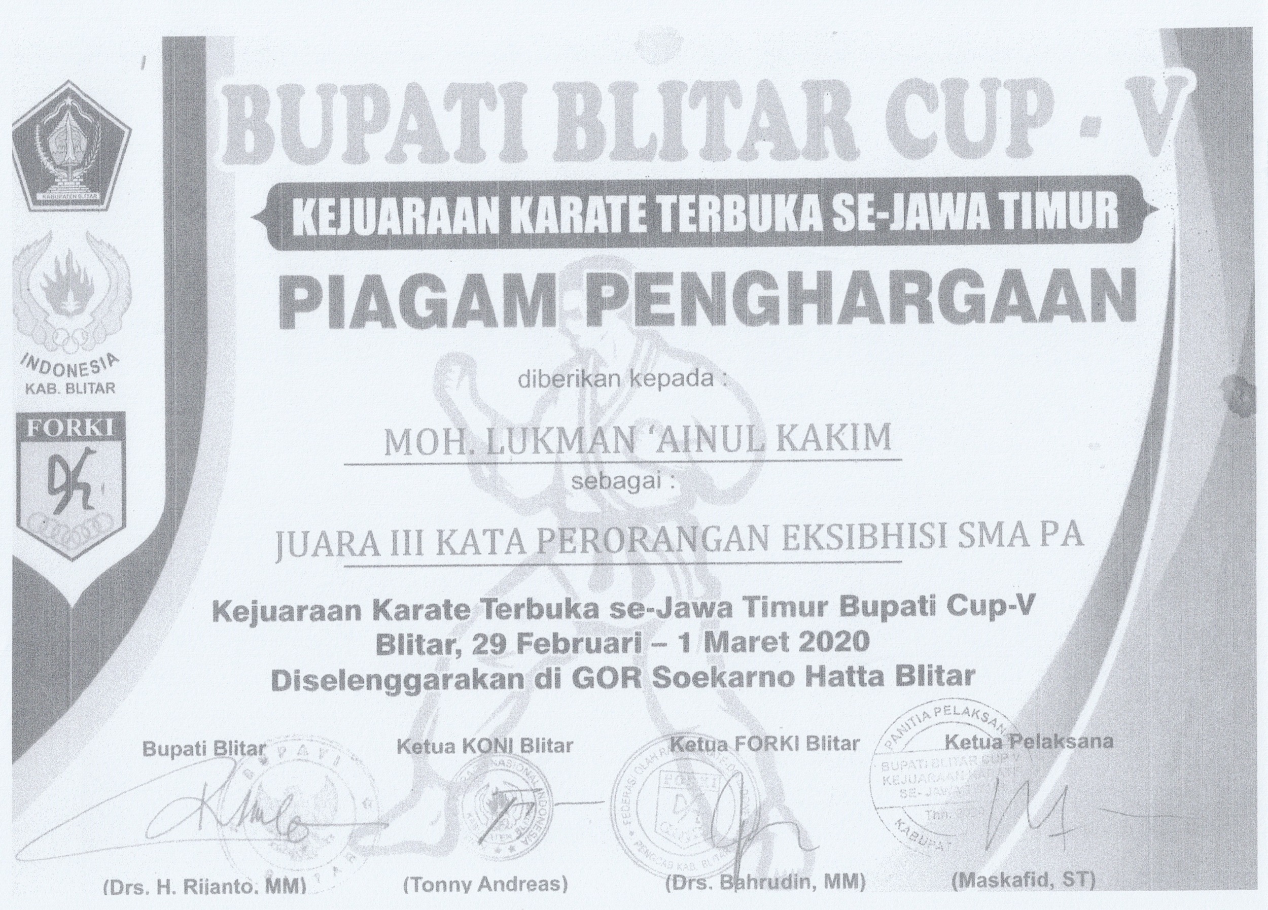 JUARA III KATA PERORANGAN EKSIBHISI SMA PA KEJUARAAN KARATE TERBUKA SE-JAWA TIMUR BUPATI CUP-V