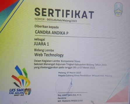 Juara 1 LKS Tingkat Kab. Malang, Kategori Web Technologies Tahun 2023