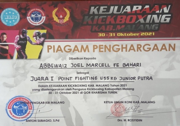 Juara 1 Lomba Kejuaraan Kickboxing Tahun 2021, Tingkat Kabupaten Malang