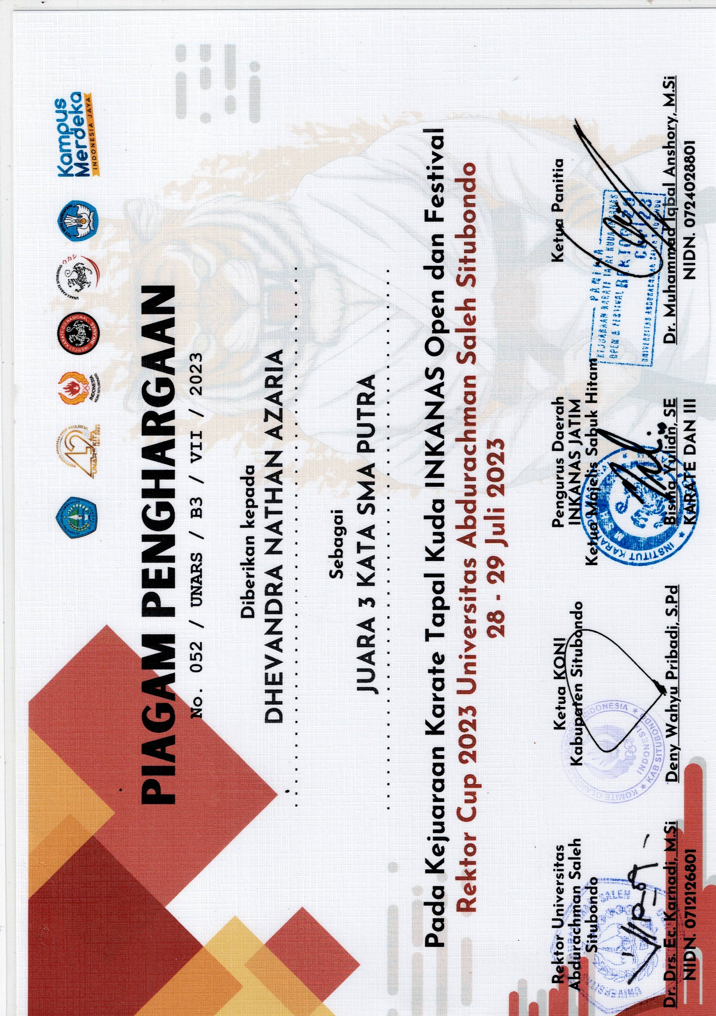 JUARA 3 KATA SMA PUTRA KEJUARAAN TAPAL KUDA INKANAS REKTOR CUP 2023 UNIVERSITAS ABDURACHMAN SALEH SITUBONDO