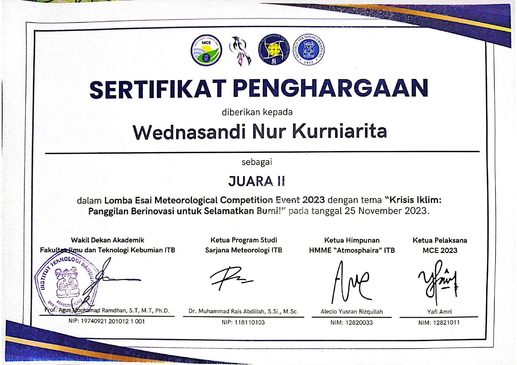 Lomba Esai Meteorological Competition Event 2023 dengan tema â€œKrisis Iklim: Panggilan Berinovasi untuk Selamatkan Bumi!â€