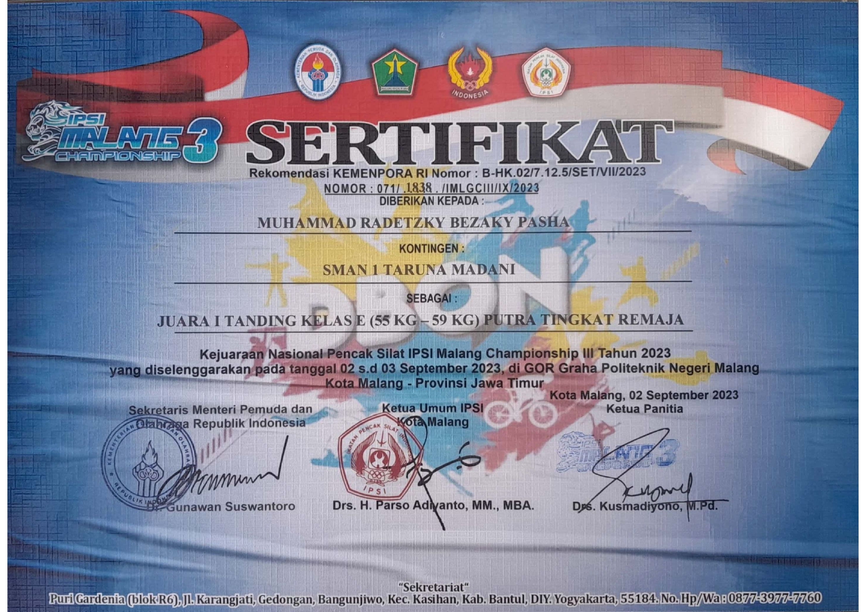 Juara I Tanding Kelas E Putra Tingkat Remaja dalam Kejuaraan Nasional Pencak Silat 