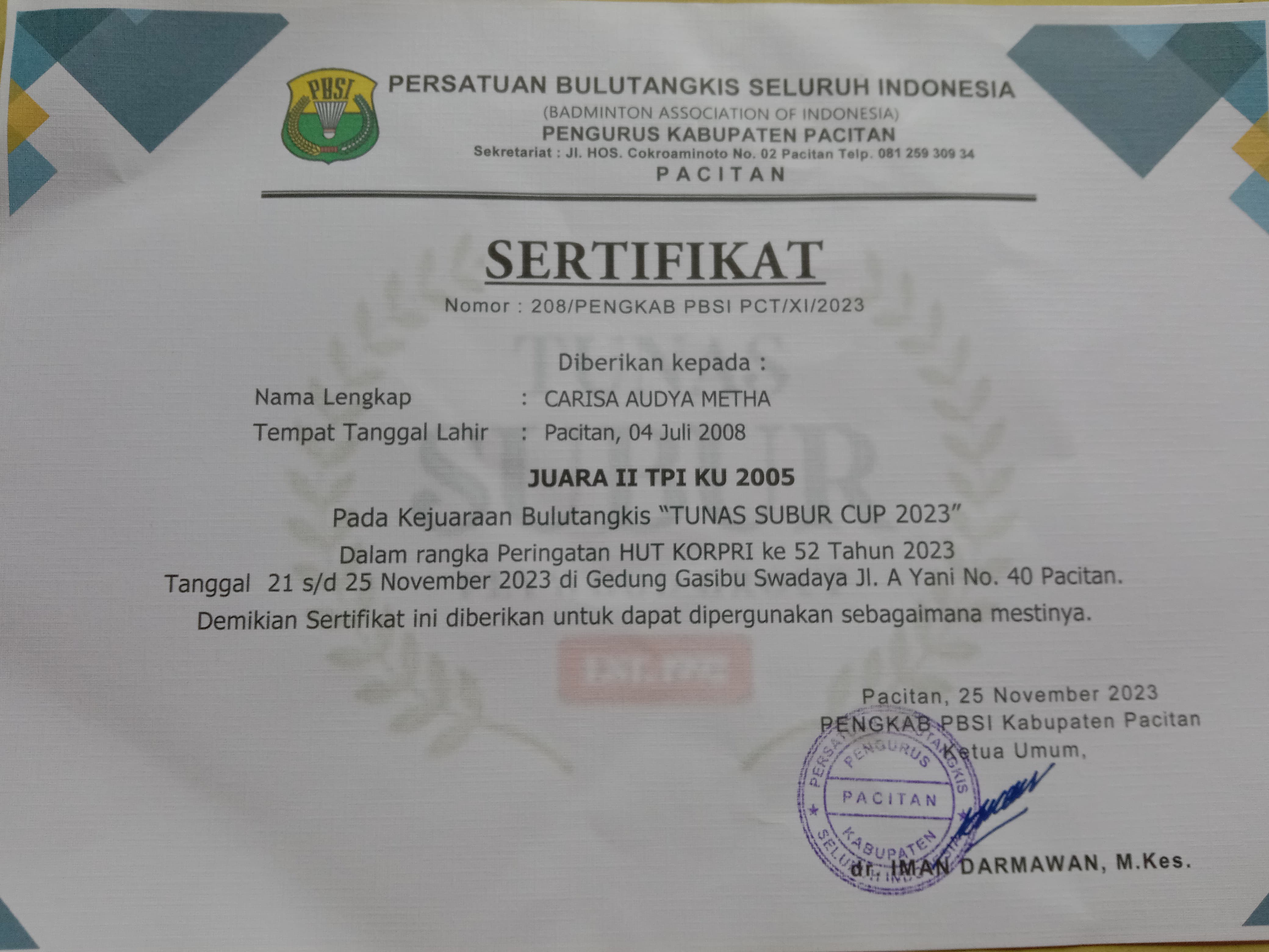 Kejauaran Bulutangkis KU 2005 Putri