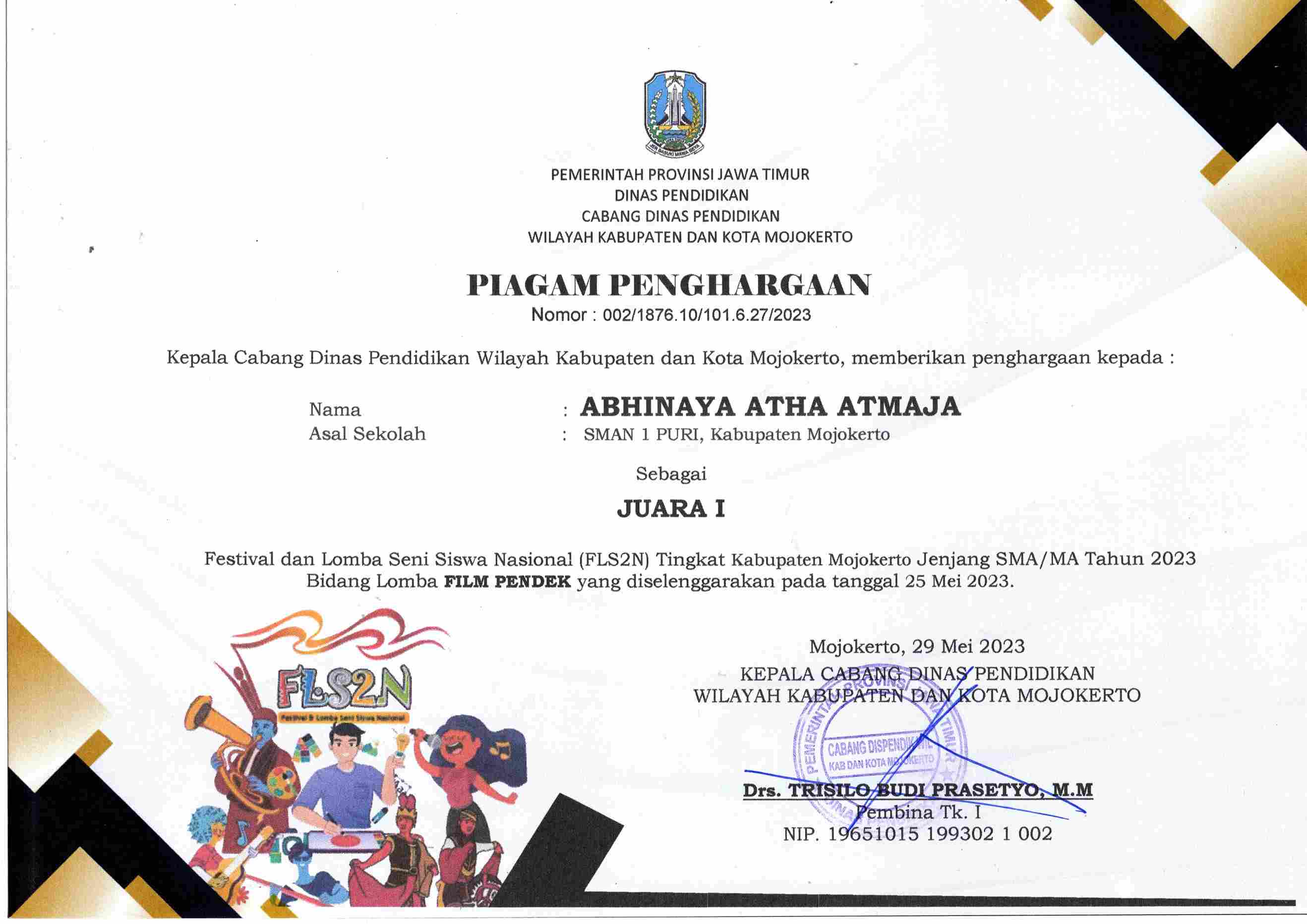 Juara 1 Lomba Film Pendek Festival dan Lomba Seni Siswa Nasional 