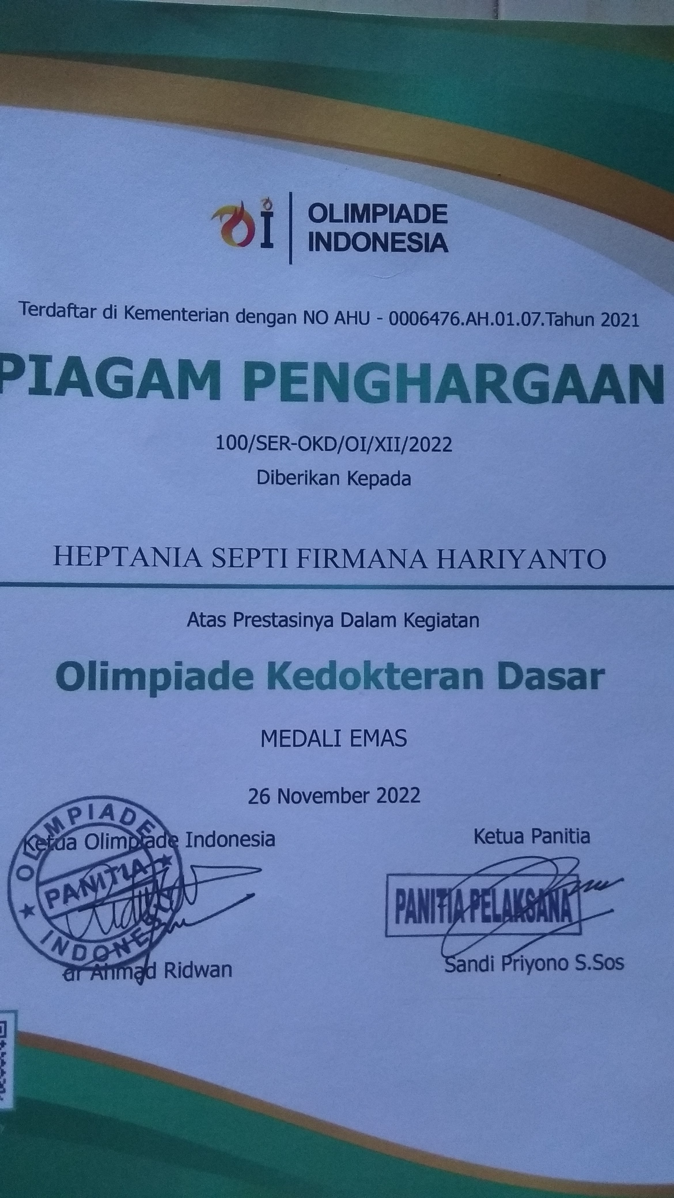 MEDALI EMAS OLIMPIADE KEDOKTERAN DASAR