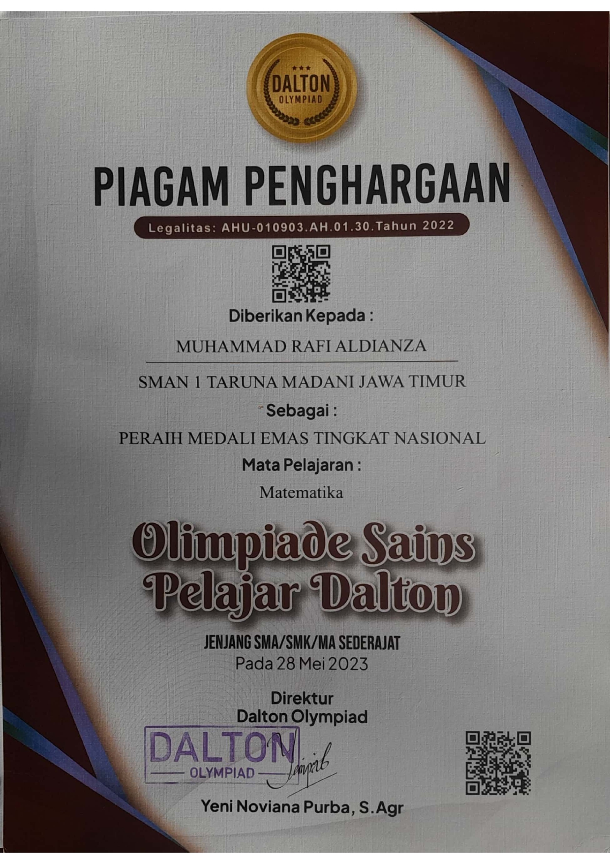 Peraih Medali Emas Tingkat Nasional Mapel Matematika dalam Olimpiade Sains Pelajar Dalton