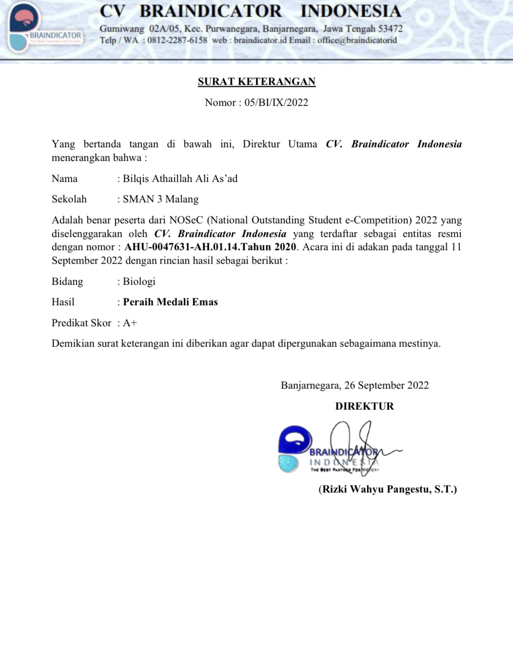 MEDALI EMAS BIDANG BIOLOGI NoSeC