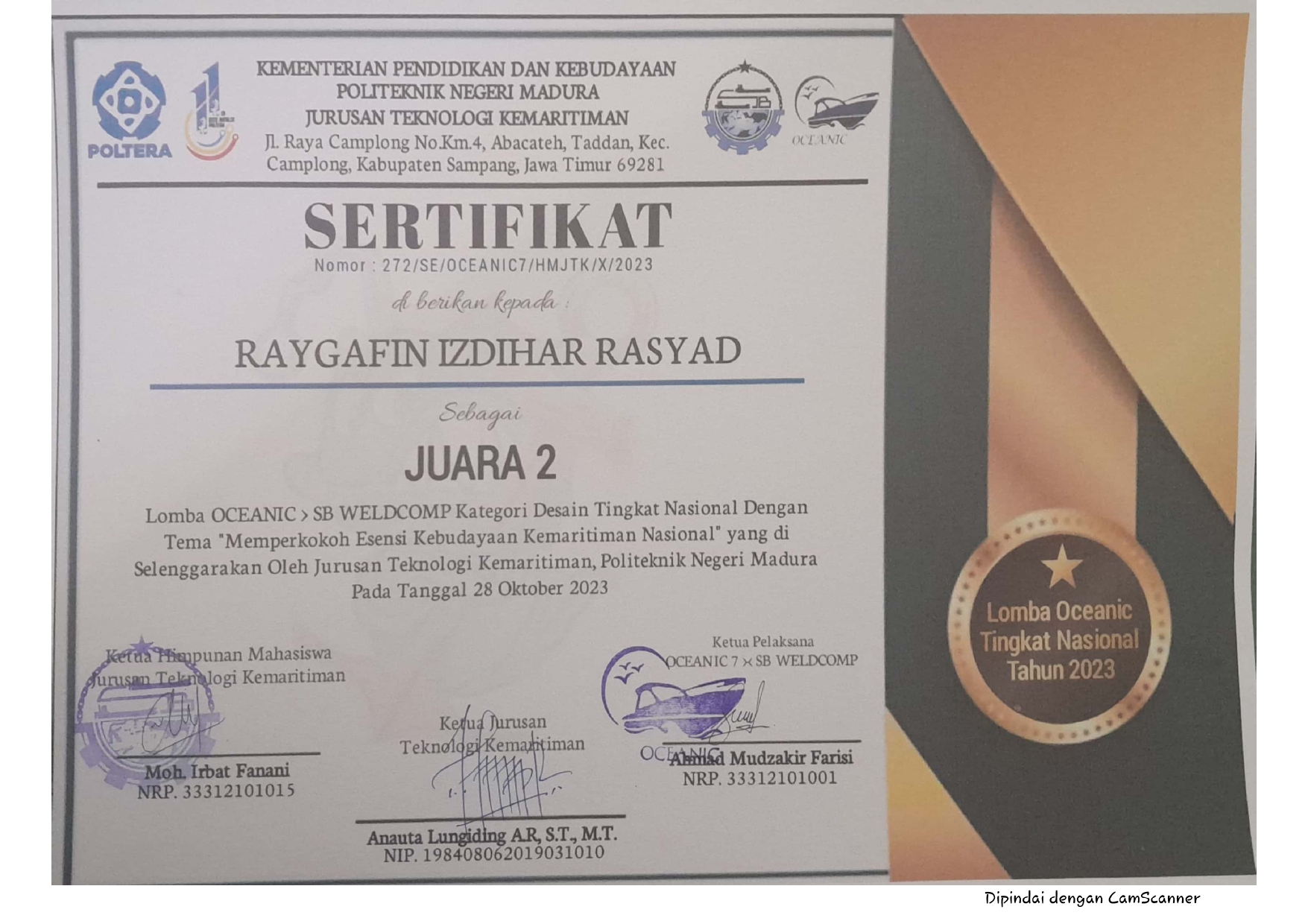 Juara 2 Lomba OCEANIC SB WELDCOMP Kategori Desain tingkat Nasional 