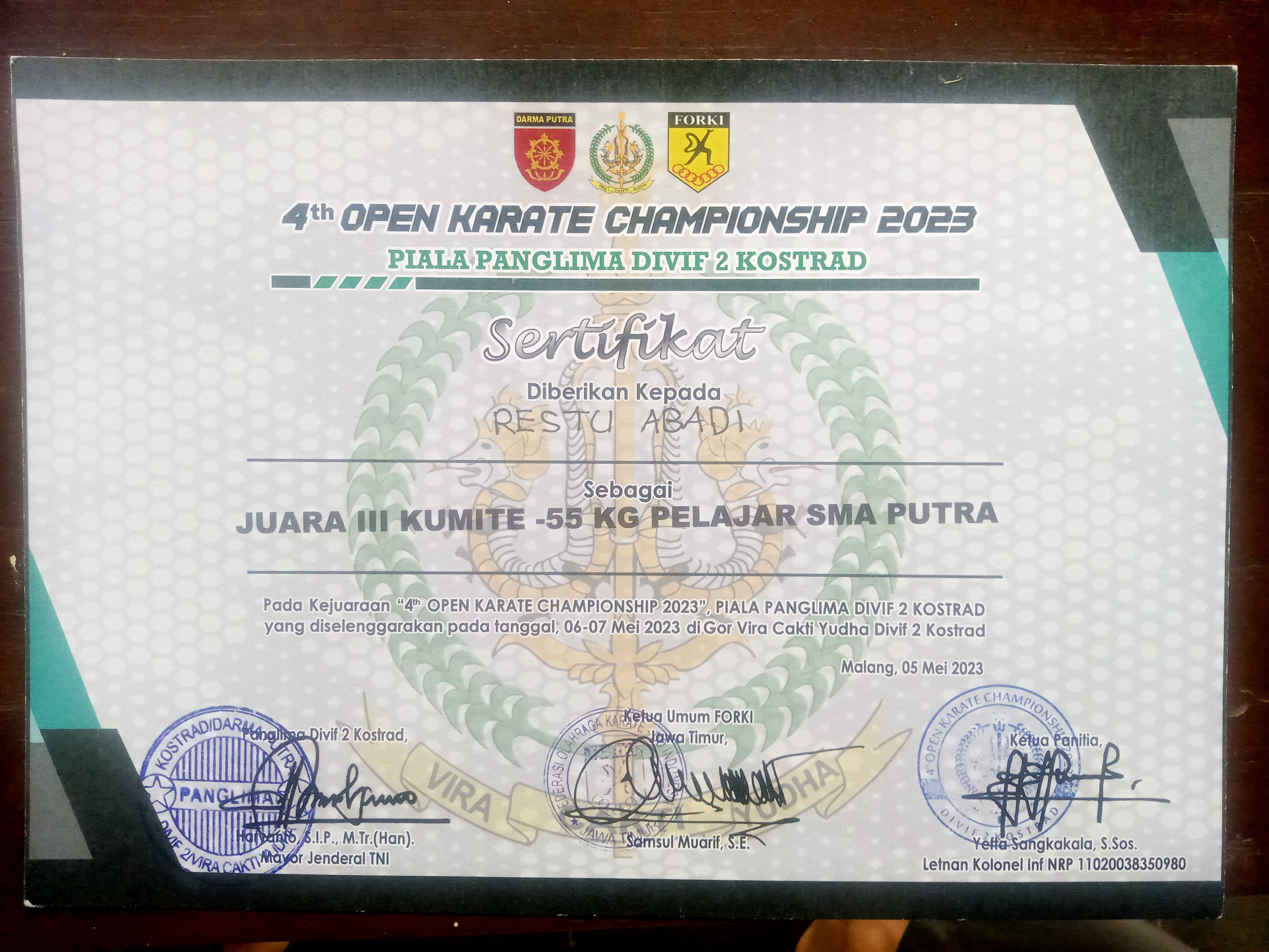 Piala Panglima Divif 2 Kostrad, Kumite -55 kg Pelajar SMA Putra