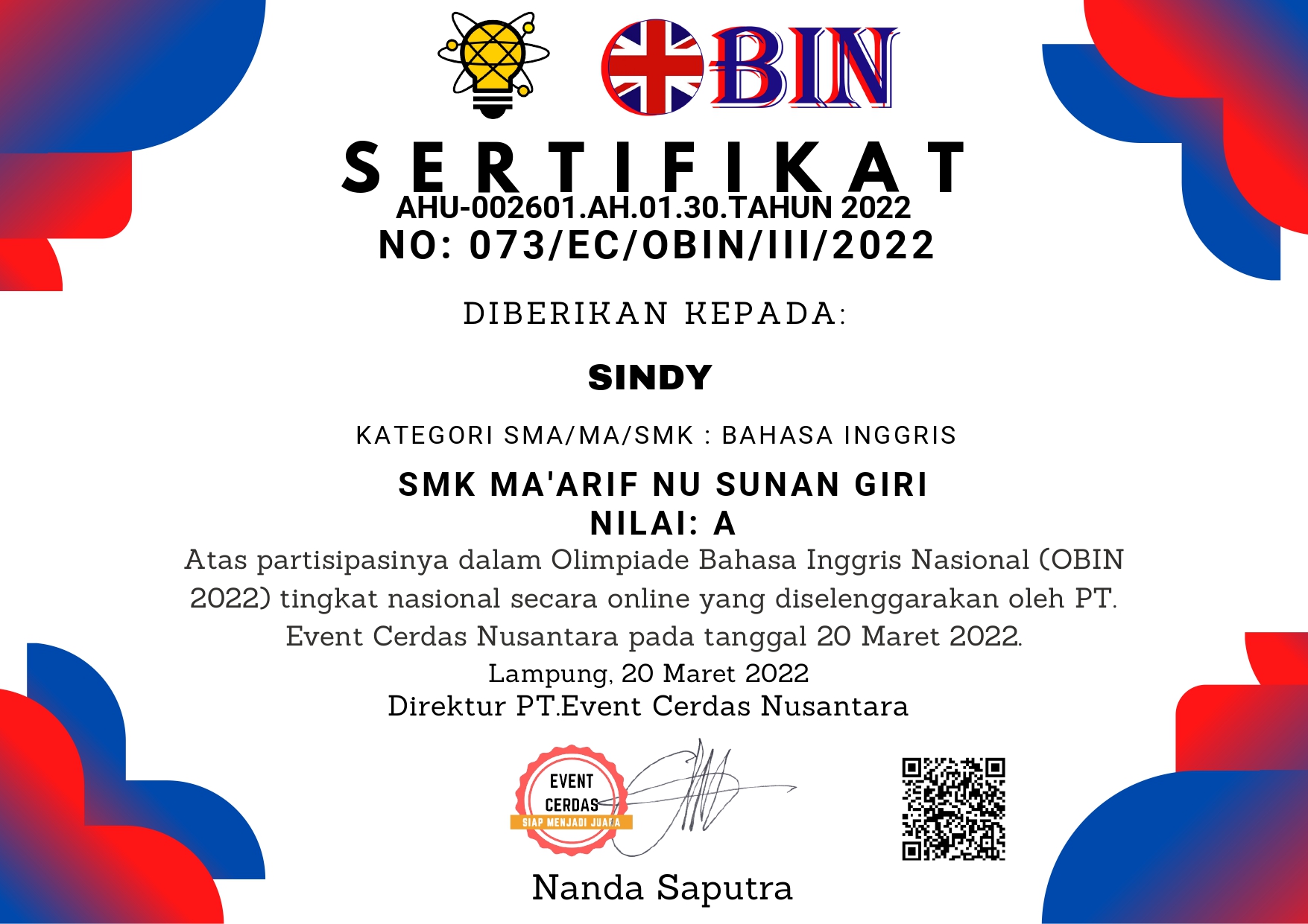 Olimpiade Bahasa Inggris Nasional (OBIN 2022)