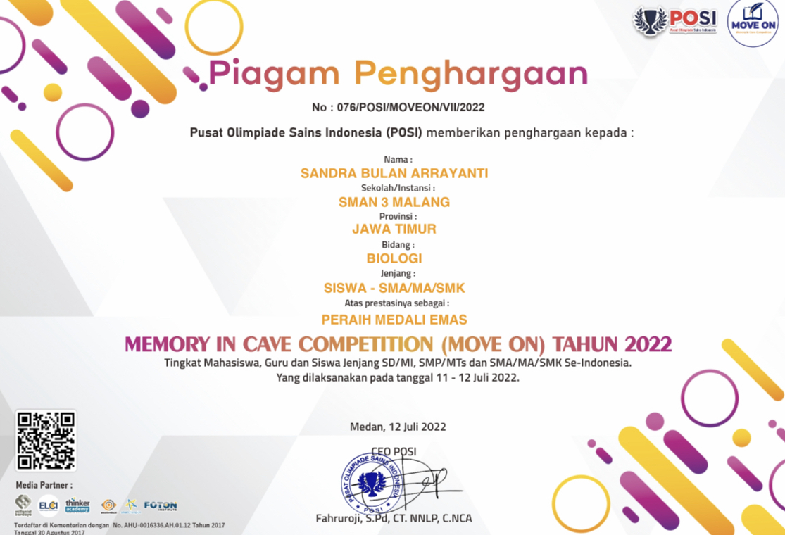 MEDALI EMAS PERINGKAT 4 BIDANG BIOLOGI MEMORY IN CAVE COMPETITION