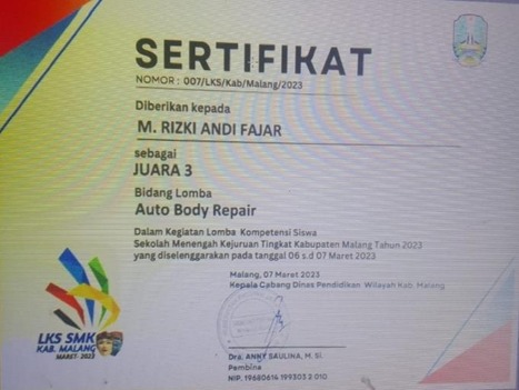 Juara 3 LKS Tingkat Kab. Malang Kategori Auto Body Repair Tahun 2023