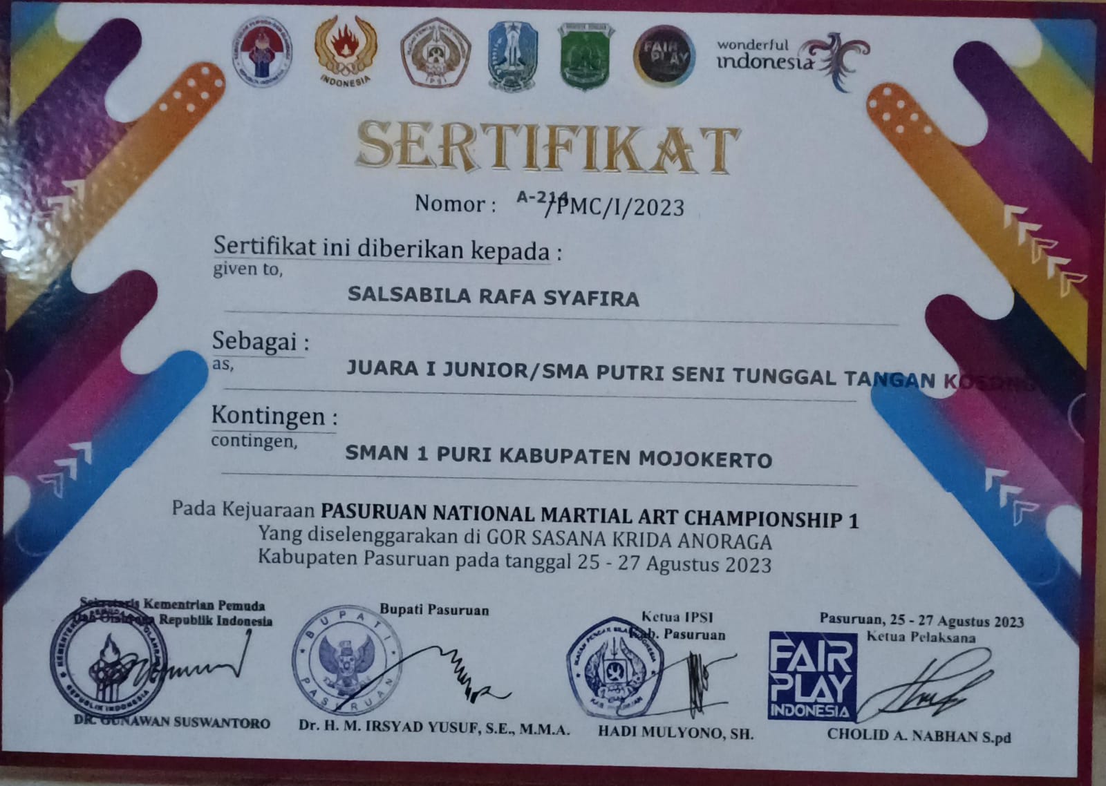 Juara 1 Lomba pencak silat pada kejuaraan Pasuruan National Martial Art Championship