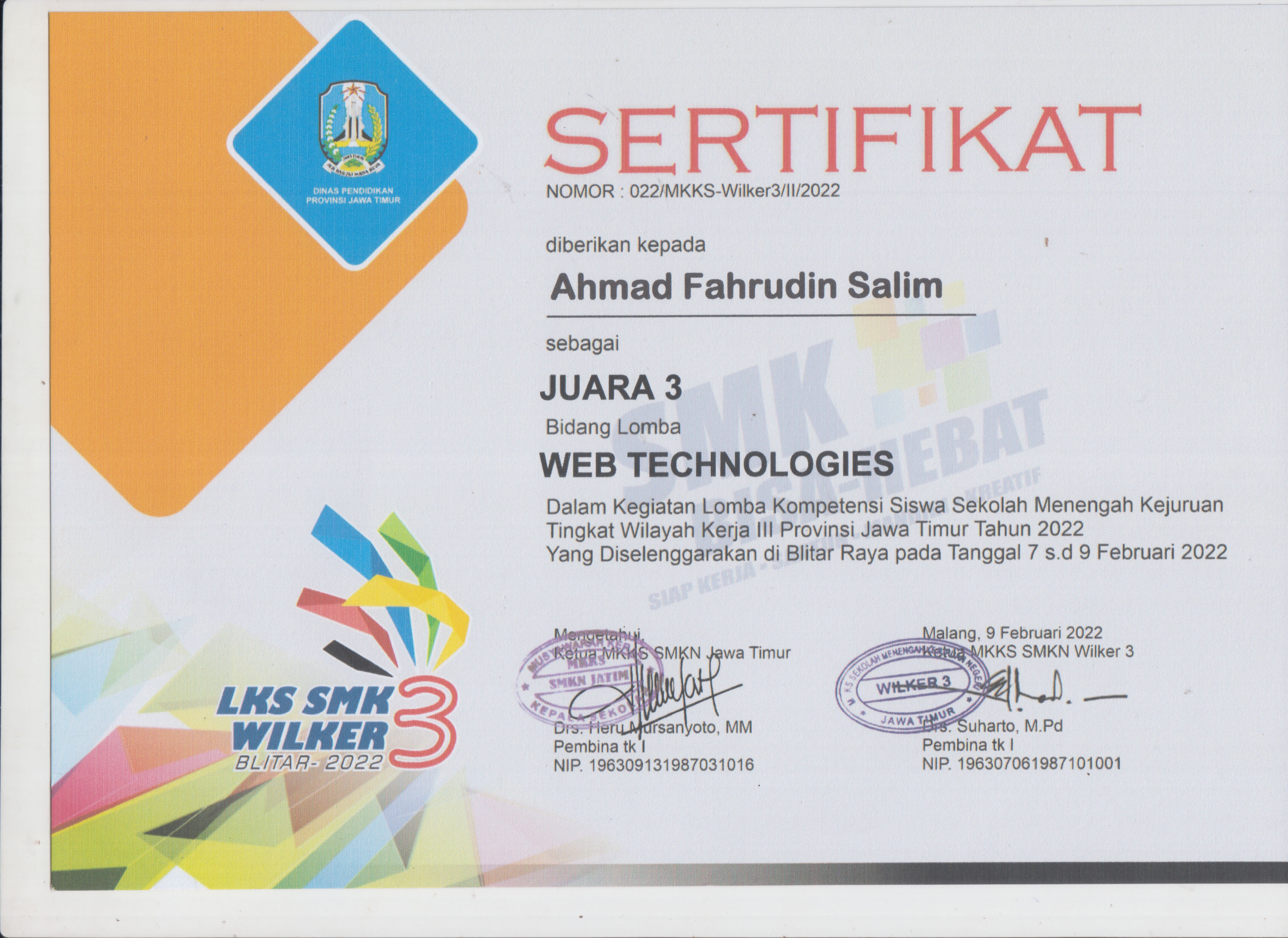 Lomba Kompetensi Siswa (LKS) Web Technologies Sekolah Menengah Kejuruan Tingkat Wilayah Kerja III Provinsi Jawa Timur