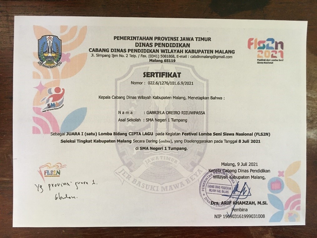 Juara 1 Lomba Bidang Cipta Lagu Pada Kegiatan Festival Lomba Seni Siswa Nasional (FLS2N) Seleksi Tingkat Kabupaten Malang dan Tingkat Provinsi jawa Timur Secara Daring (Online) Yang Diselenggarakan Pada Tanggal 8 Juli 2021