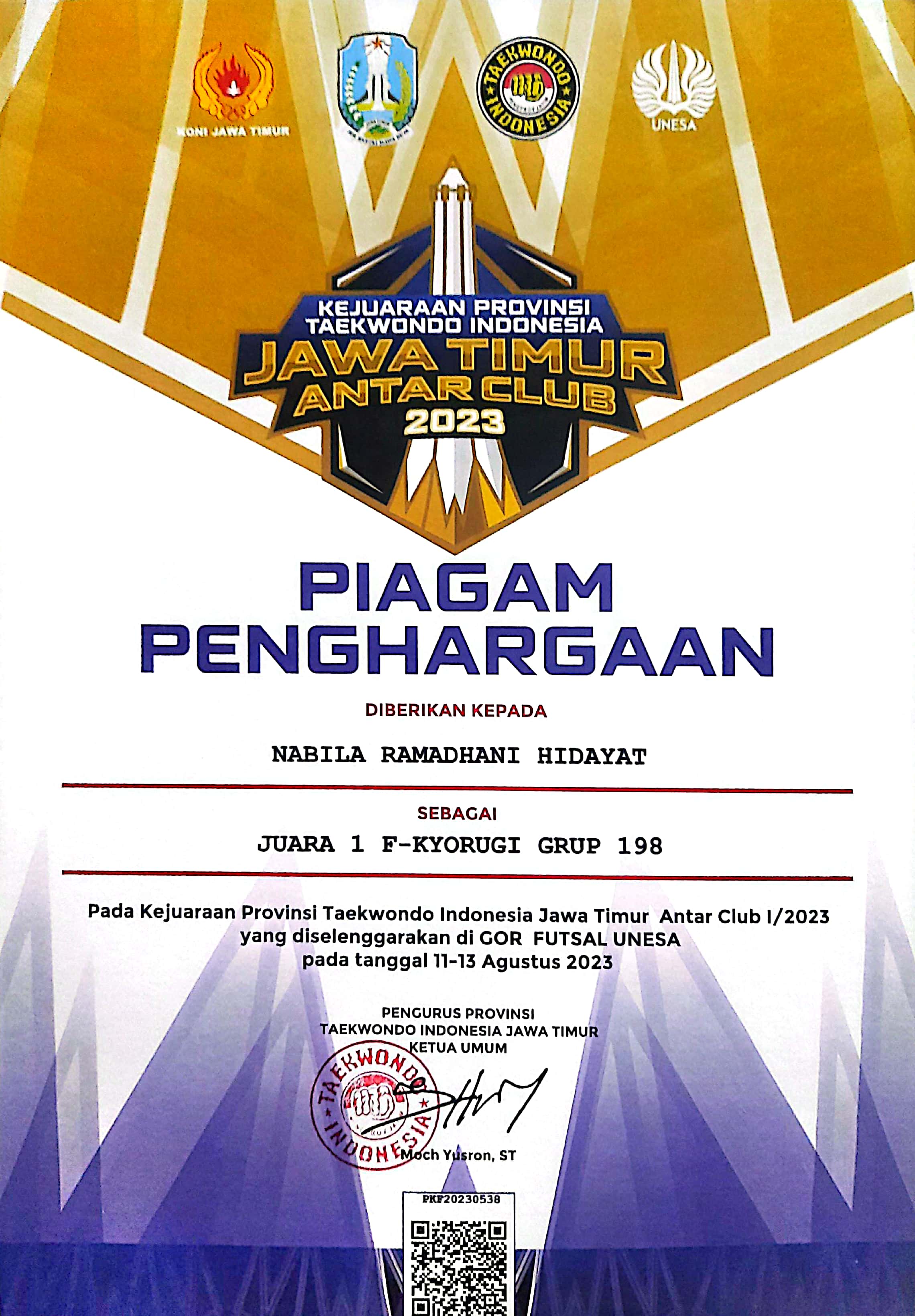 Juara 1 emas, Kejuaraan Provinsi Antar Club Taekwondo Jawa Timur