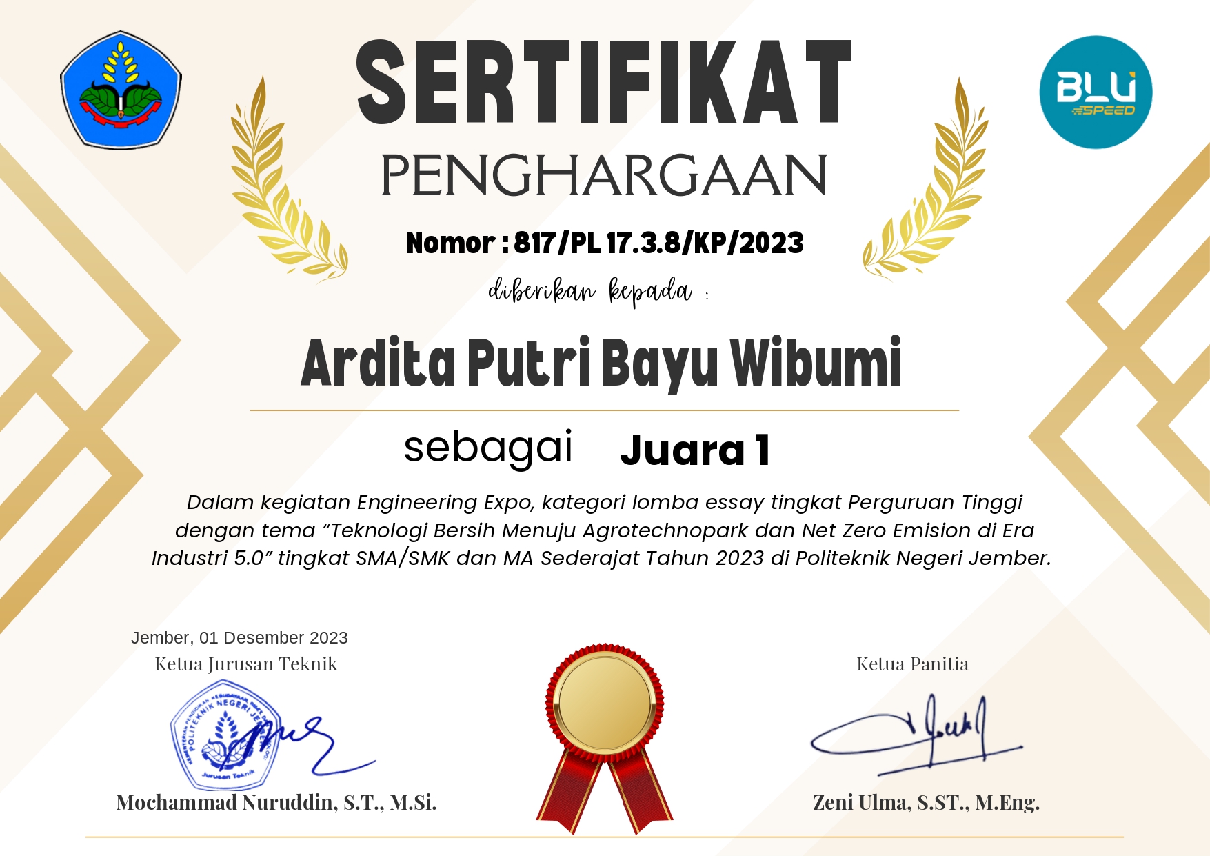 Dalam kegiatan Engineering Expo, kategori lomba essay tingkat Perguruan Tinggi dengan tema “Teknologi Bersih Menuju Agrotechnopark dan Net Zero Emision di Era Industri 5.0” tingkat SMA/SMK dan MA Sederajat Tahun 2023 di Politeknik Negeri Jember.