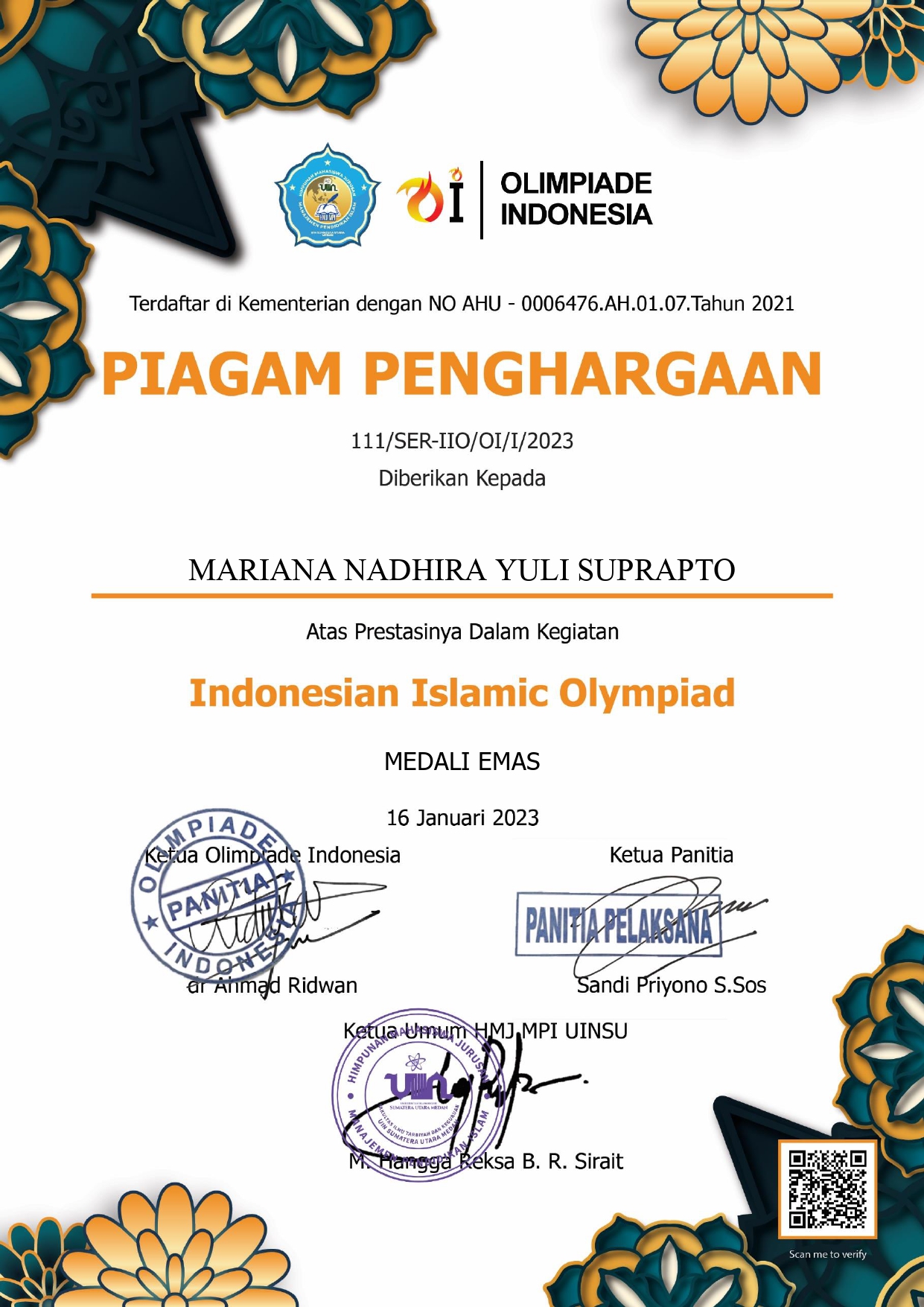 MEDALI EMAS INDONESIAN ISLAMIC OLYMPIAD