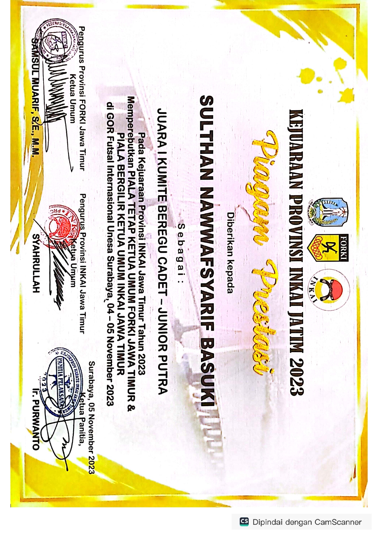 JUARA 1 KARATE KUMITE BEREGU CADET-JUNIOR PUTRA KEJUARAAN PROVINSI INKAI JAWA TIMUR TAHUN 2023