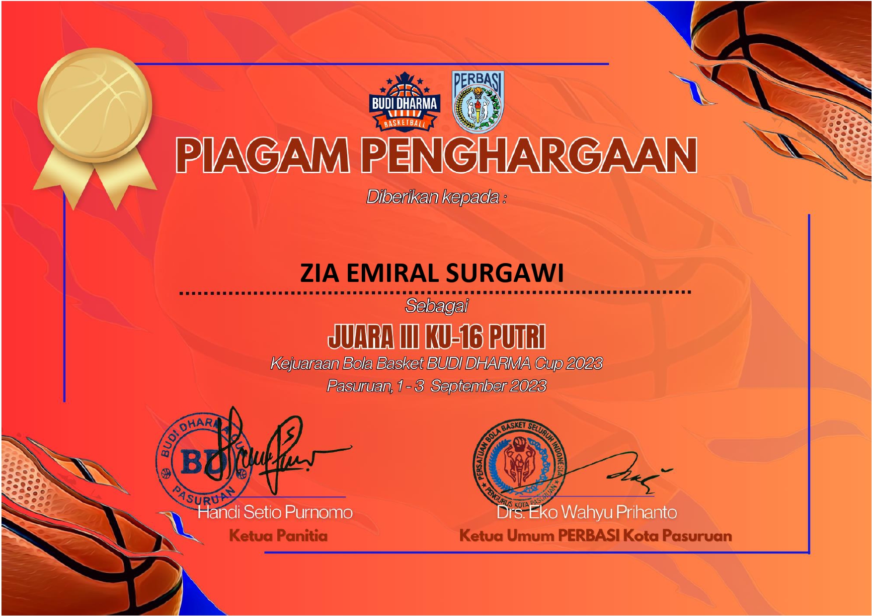 Juara III KU-16 Putri Kejuaraan Bola Basket Budi Dharma Cup 2023 (antar club)