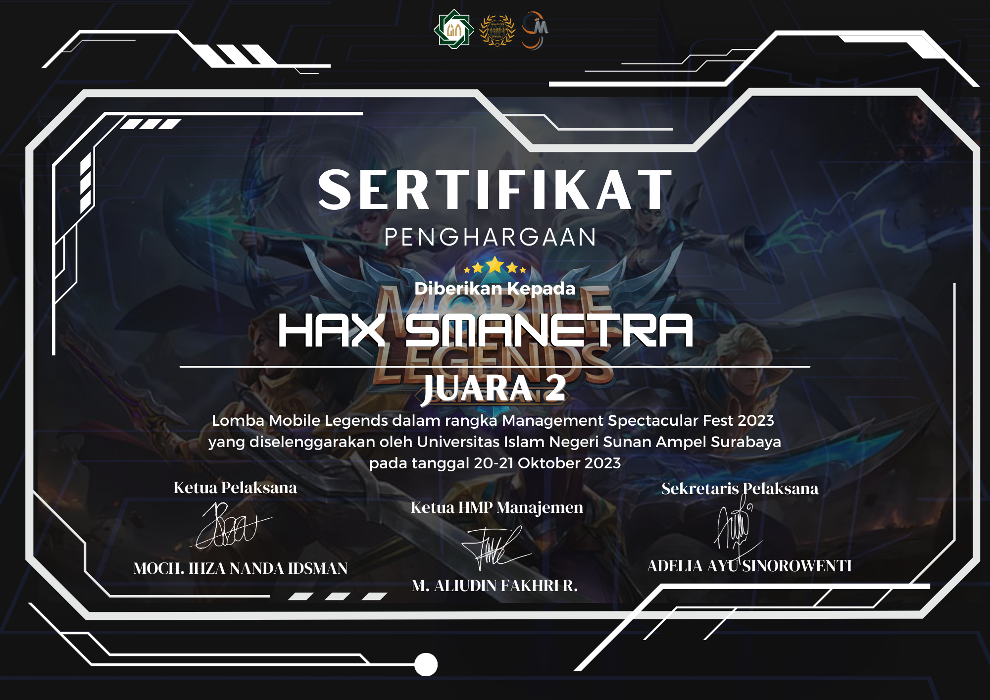 Juara 2  Mobile Legends dalam rangka Management Spectaculer Fest 2023 