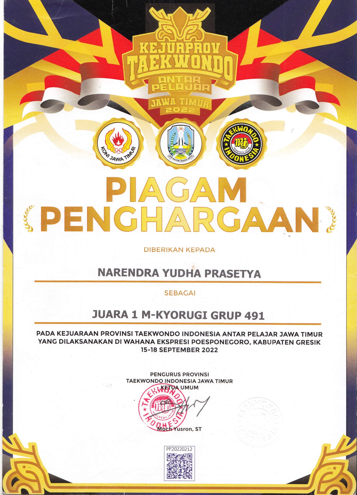 Juara 1 M KYORUGI GRUP 317 - Kejuaraan Provinsi Taekwondo Indonesia Jawa Timur II