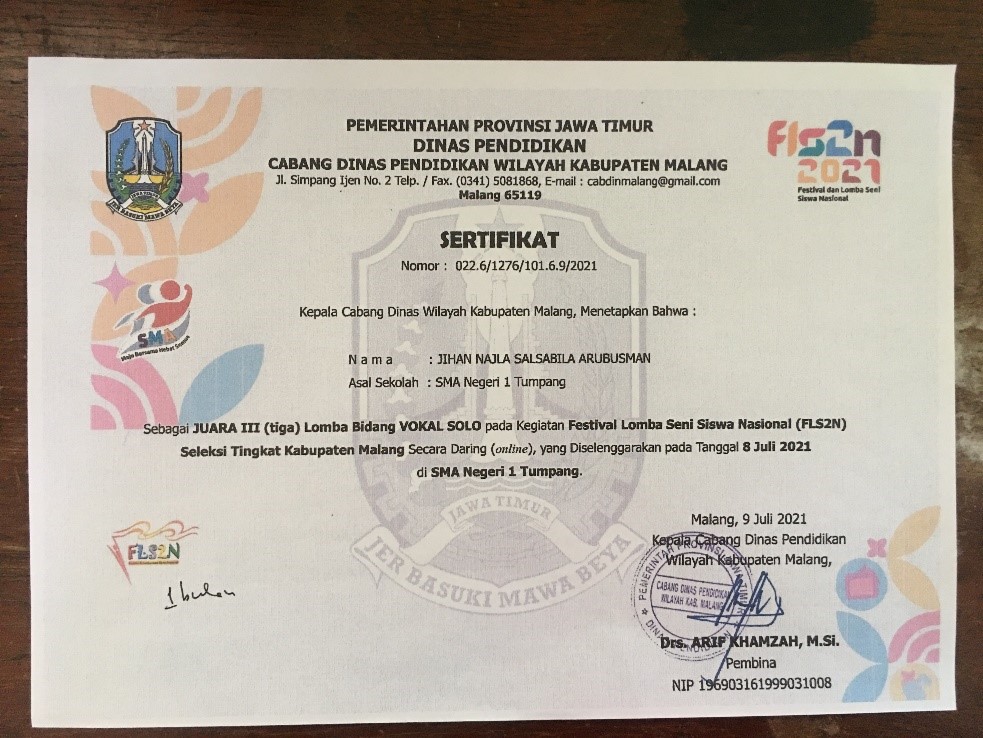 Juara 3 Lomba Bidang Vokal Solo Pada Kegiatan Festival Lomba Seni Siswa Nasional (FLS2N) Seleksi Tingkat Kabupaten Malang Secara Daring (Online) Yang Diselenggarakan Pada Tanggal 8 Juli 2021 