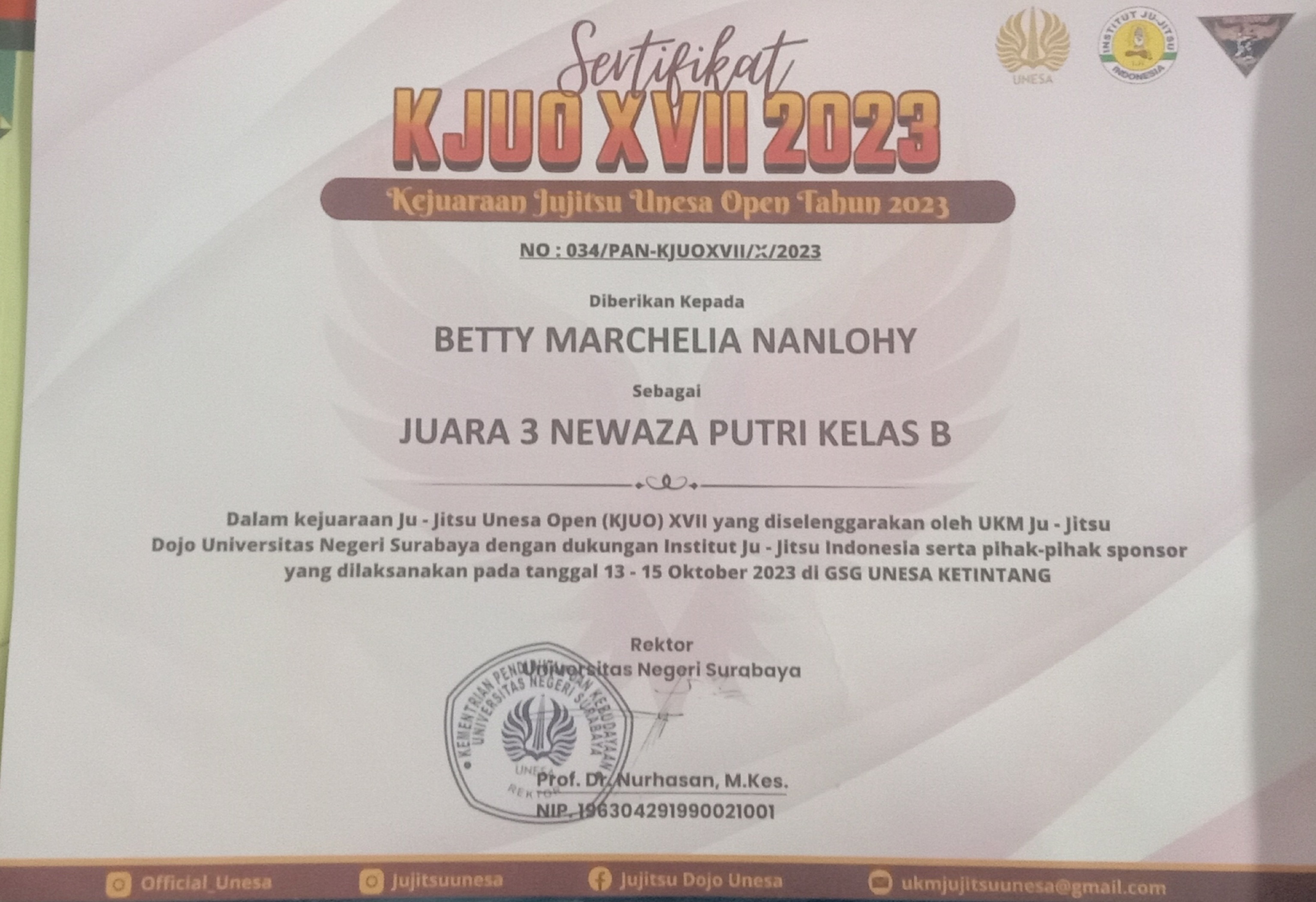 KEJUARAAN JU JITSU UNESA OPEN XVII ANTAR DOJO TINGKAT NASIONAL 