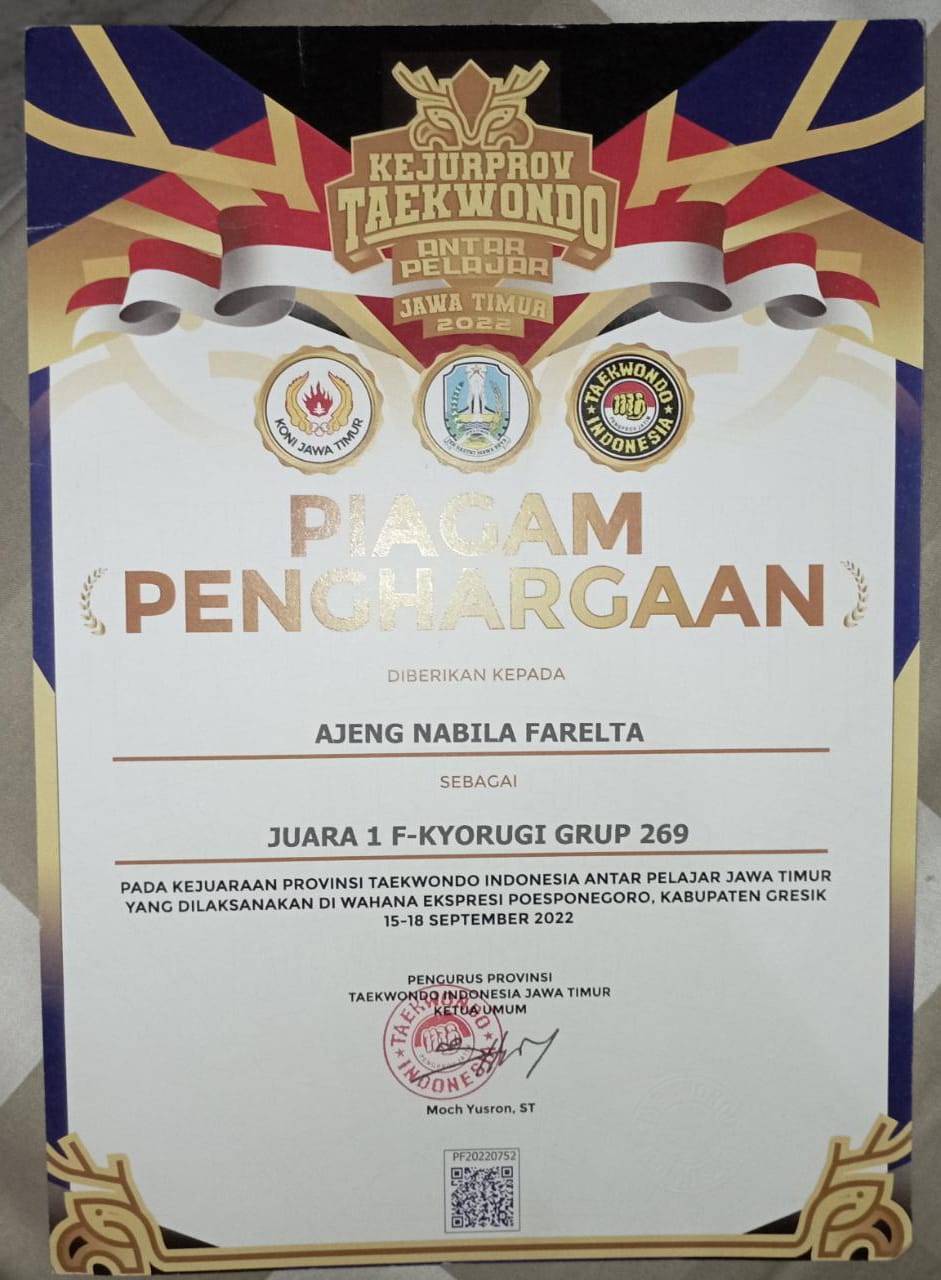 Juara 1 F-Kyorugi Grup 269 Kejurprov Taekwondo Indonesia Jawa Timur antar Pelajar