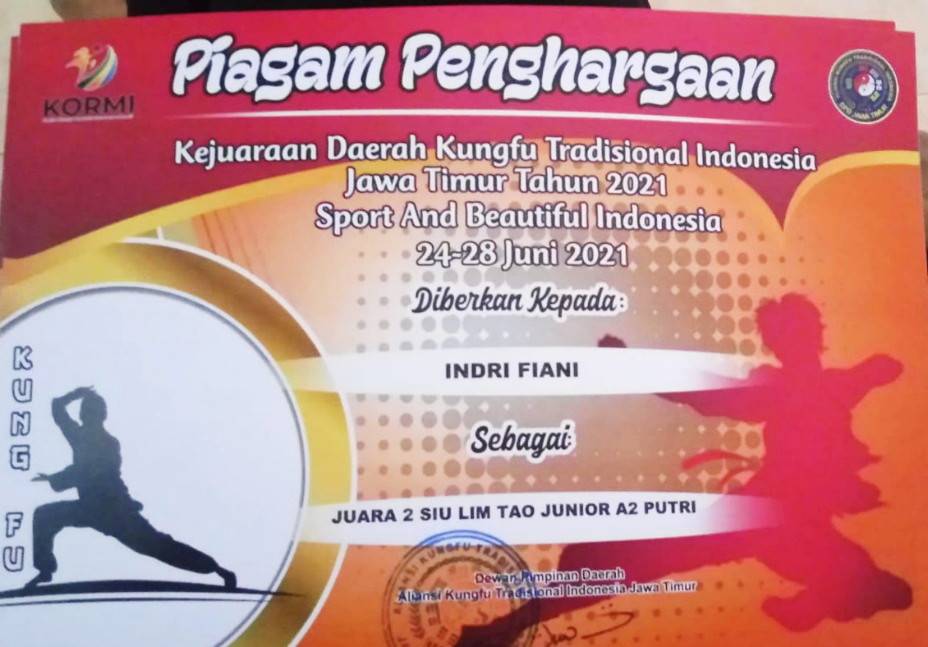 Juara 1 Siu Lim Tao Junior A2 Putri Pada Kejuaraan Daerah Kungfu Tradisional Indonesia Jawa Timur Tahun 2021 Yang Diselenggarakan Pada Tanggal 24 Juni 2021 S/D 28 Juni 2021 