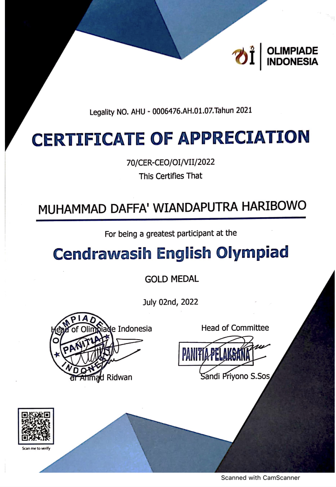 Medali Emas Bahasa Inggris Cendrawasih English Olympiad