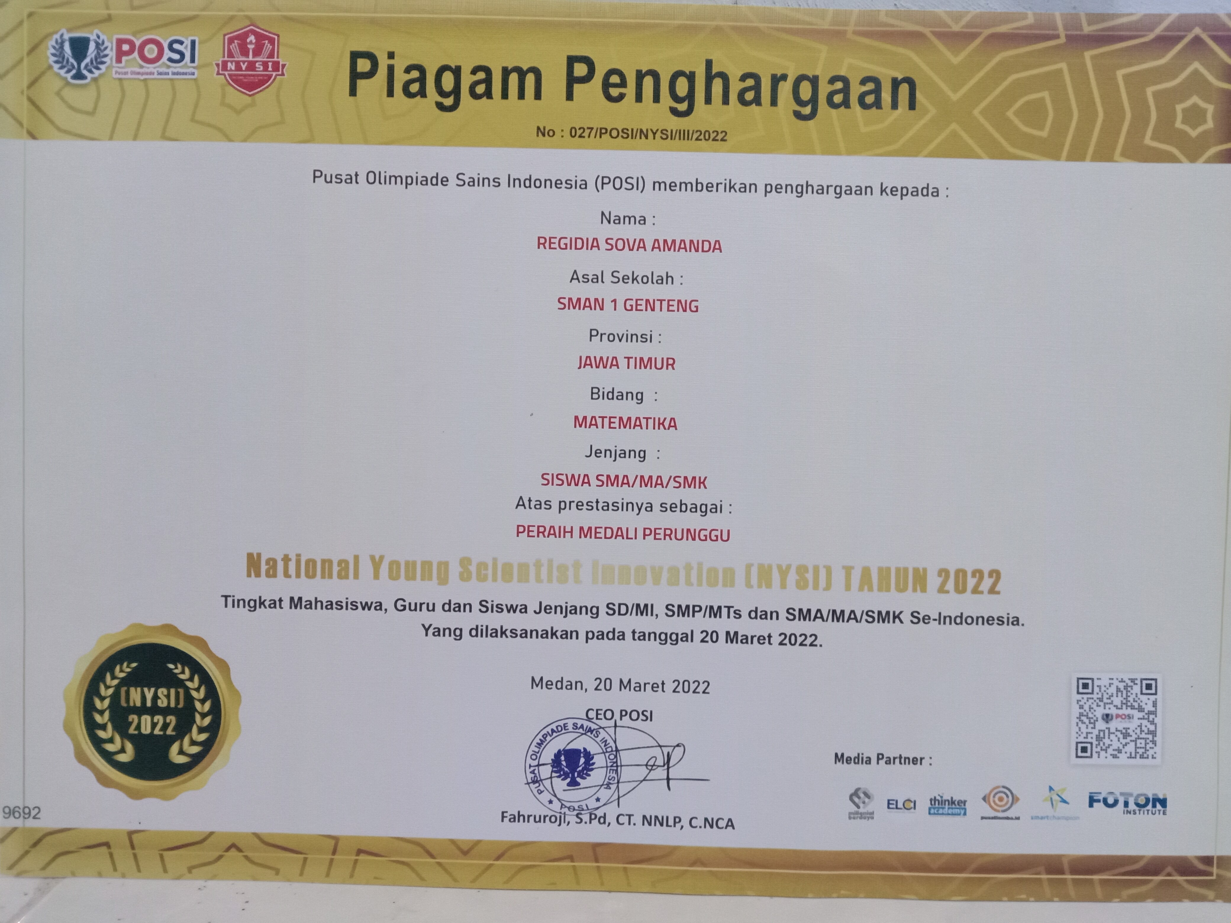 MEDALI PERUNGGU NATIONAL YOUNG SCIENTIST INNOVATION (NYSI) BIDANG MATEMATIKA