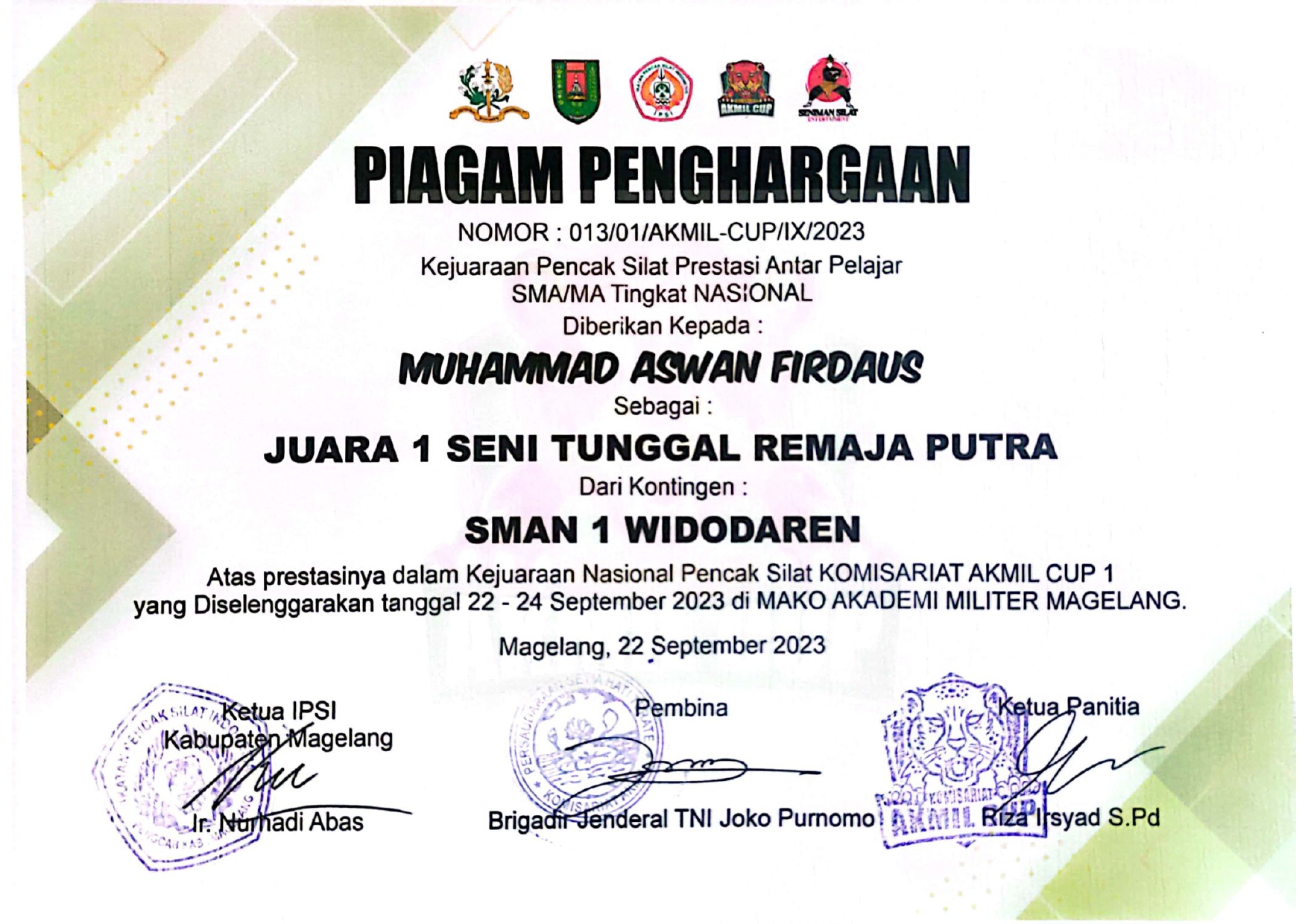 KEJUARAAN PENCAK SILAT PRESTASI ANTAR PELAJAR SMA/MA KOMISARIAT AKMIL CUP 1