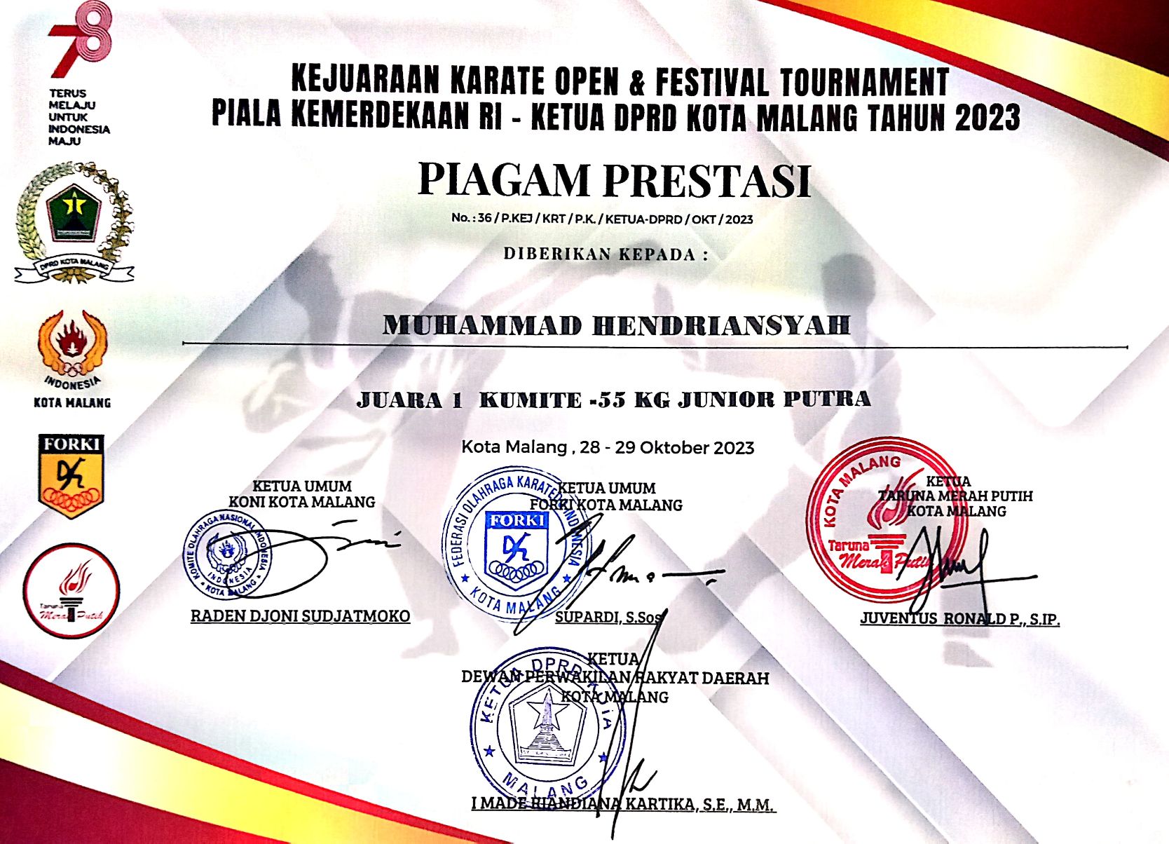 Piala Kemerdekaan RI, KUMITE -55 Kg Junior Putra